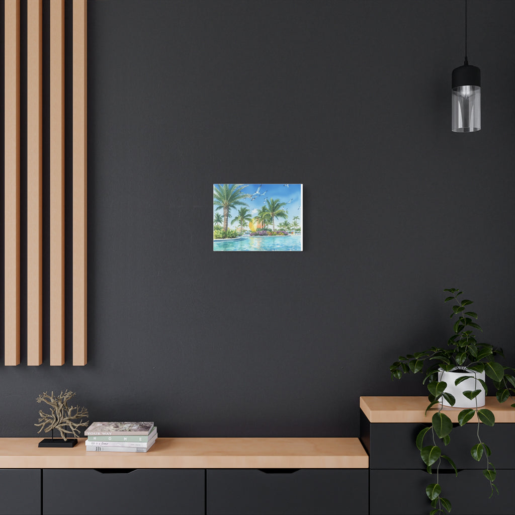 Tropical Beach Canvas Wall Art — Palm Trees, Seagulls & Sunset Pool Scene