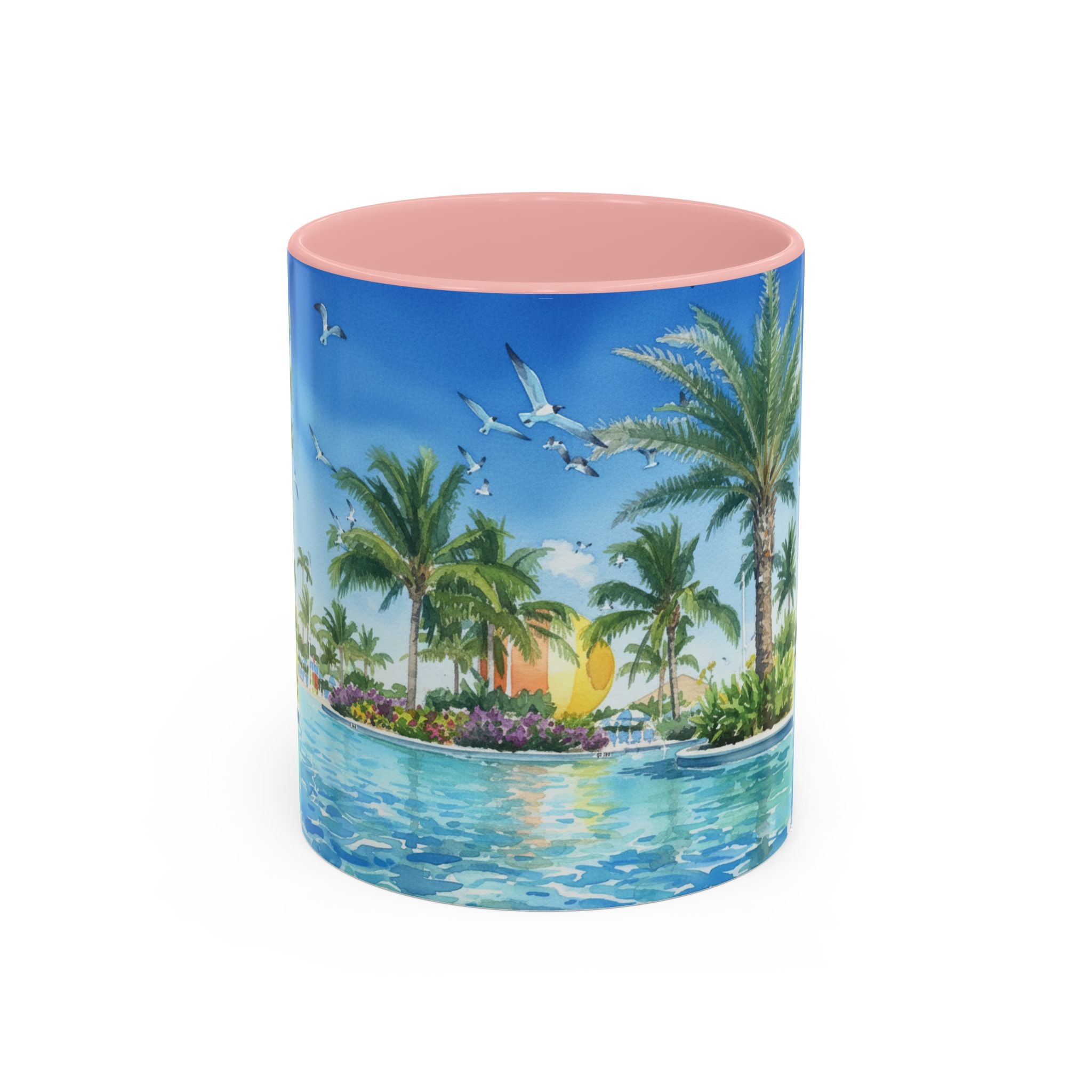 Tropical Palm Beach Coffee Mug — Sunset Seagulls Accent Mug (11/15oz)