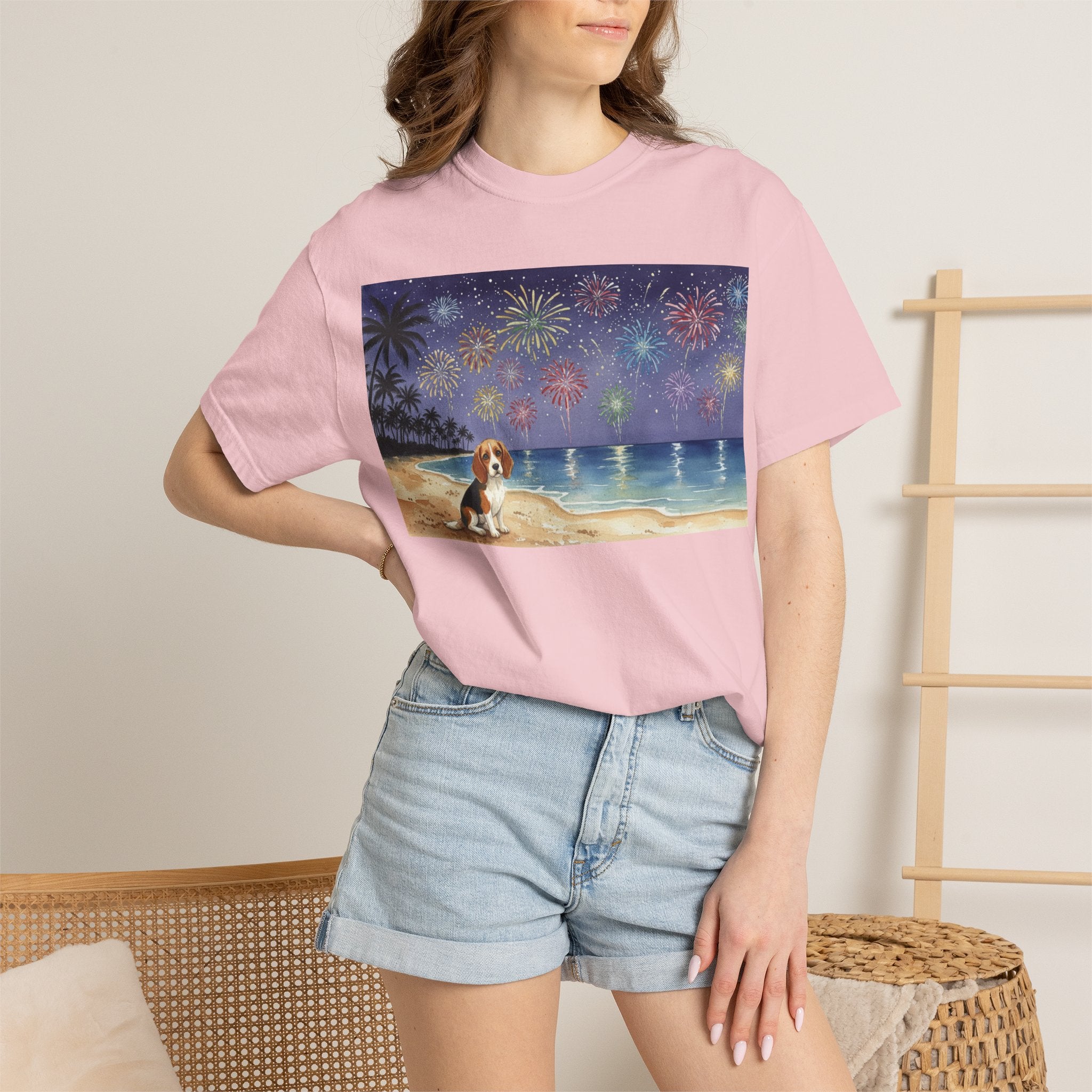 Beach Night Fireworks T‑Shirt with Dog Scene — Summer Holiday Tee