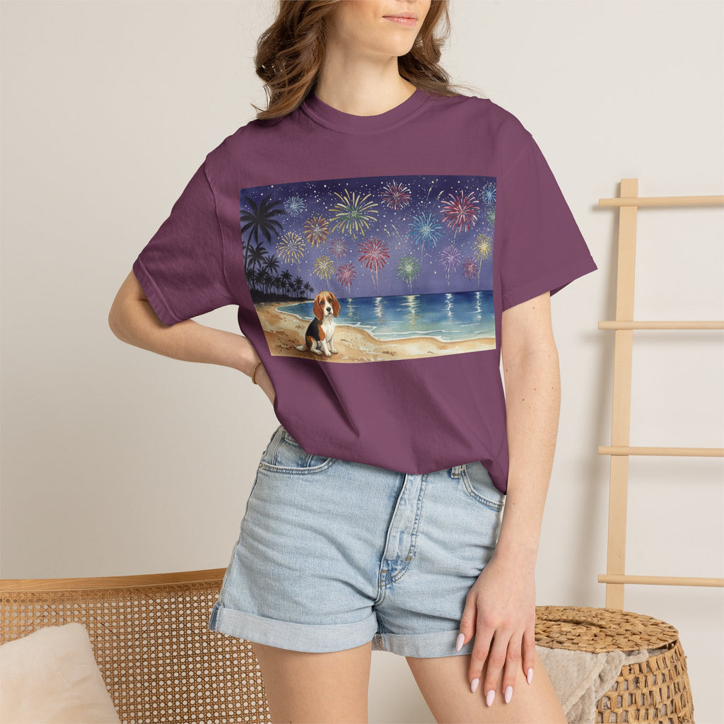 Beach Night Fireworks T‑Shirt with Dog Scene — Summer Holiday Tee