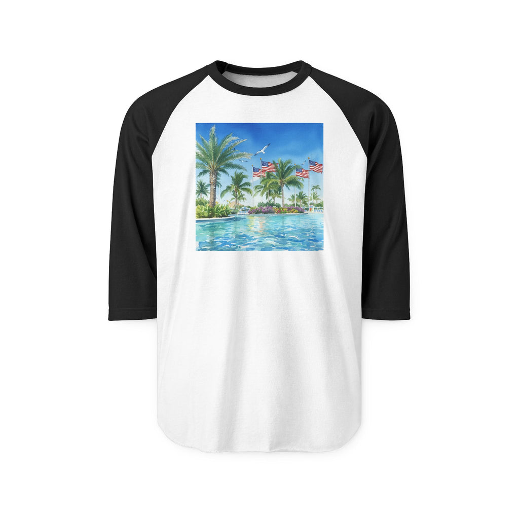 Tropical Poolside Raglan Shirt — Palm Trees & American Flag Beach Design