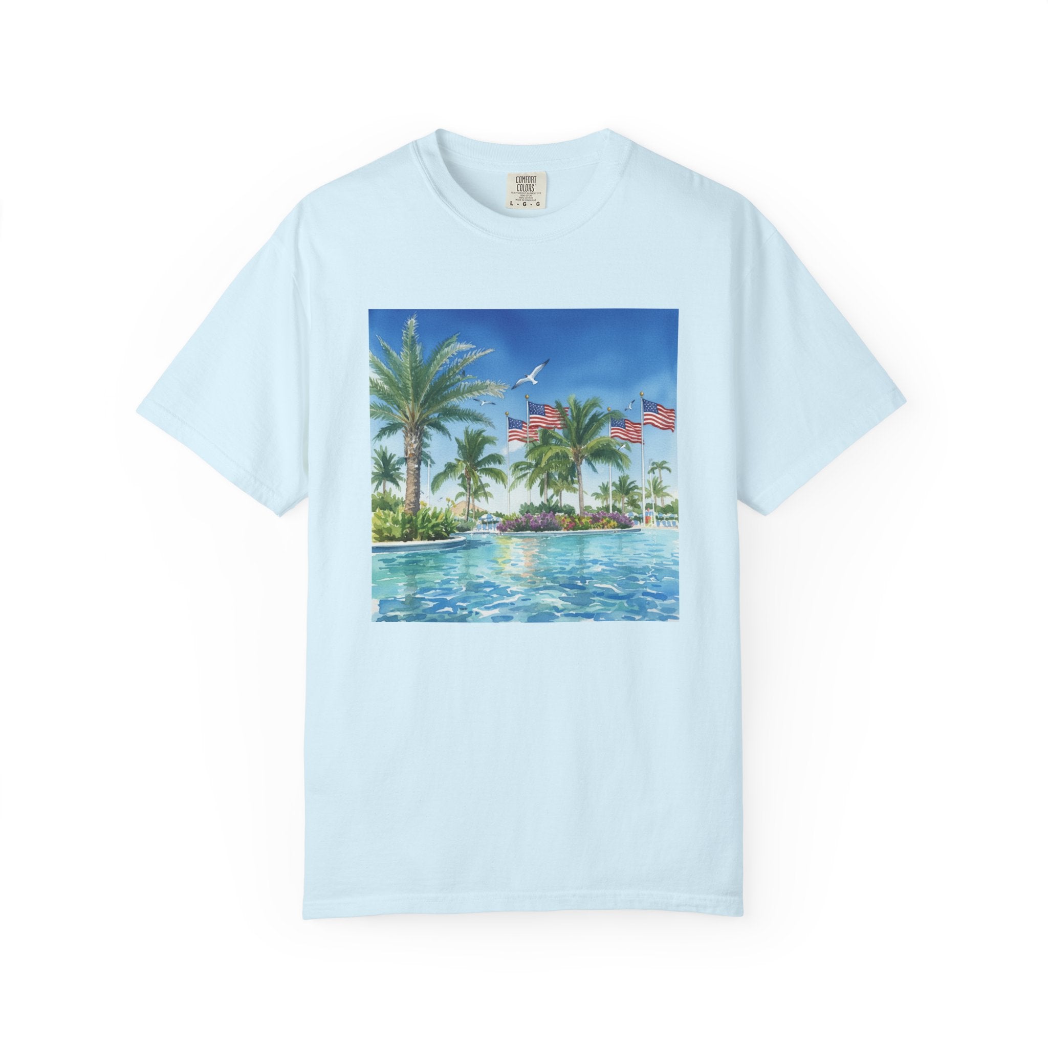 Tropical Pool Paradise T-Shirt — Palm Trees & Flags Summer Graphic Tee
