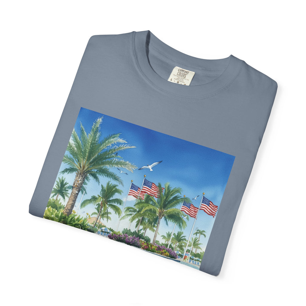 Tropical Pool Paradise T-Shirt — Palm Trees & Flags Summer Graphic Tee