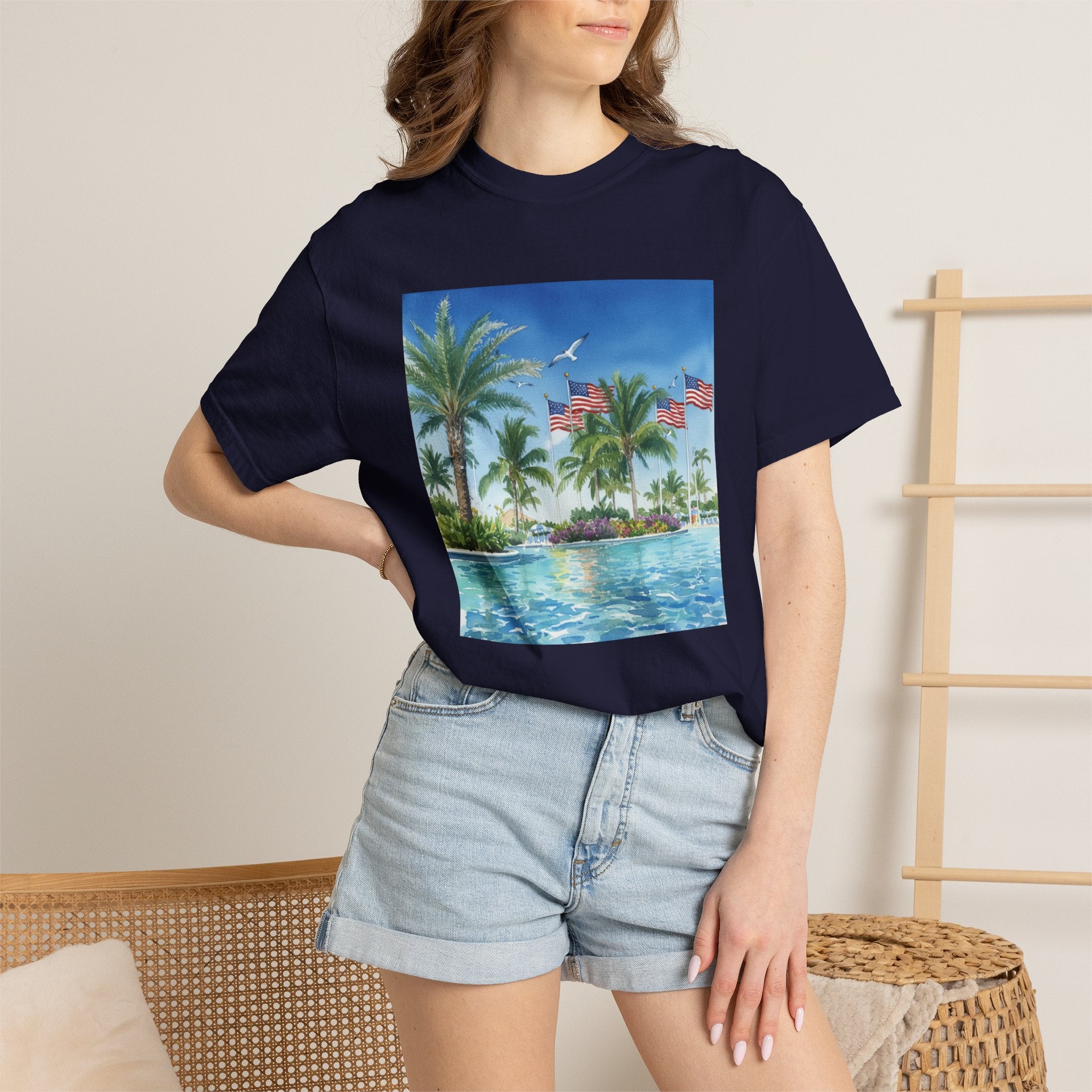 Tropical Pool Paradise T-Shirt — Palm Trees & Flags Summer Graphic Tee