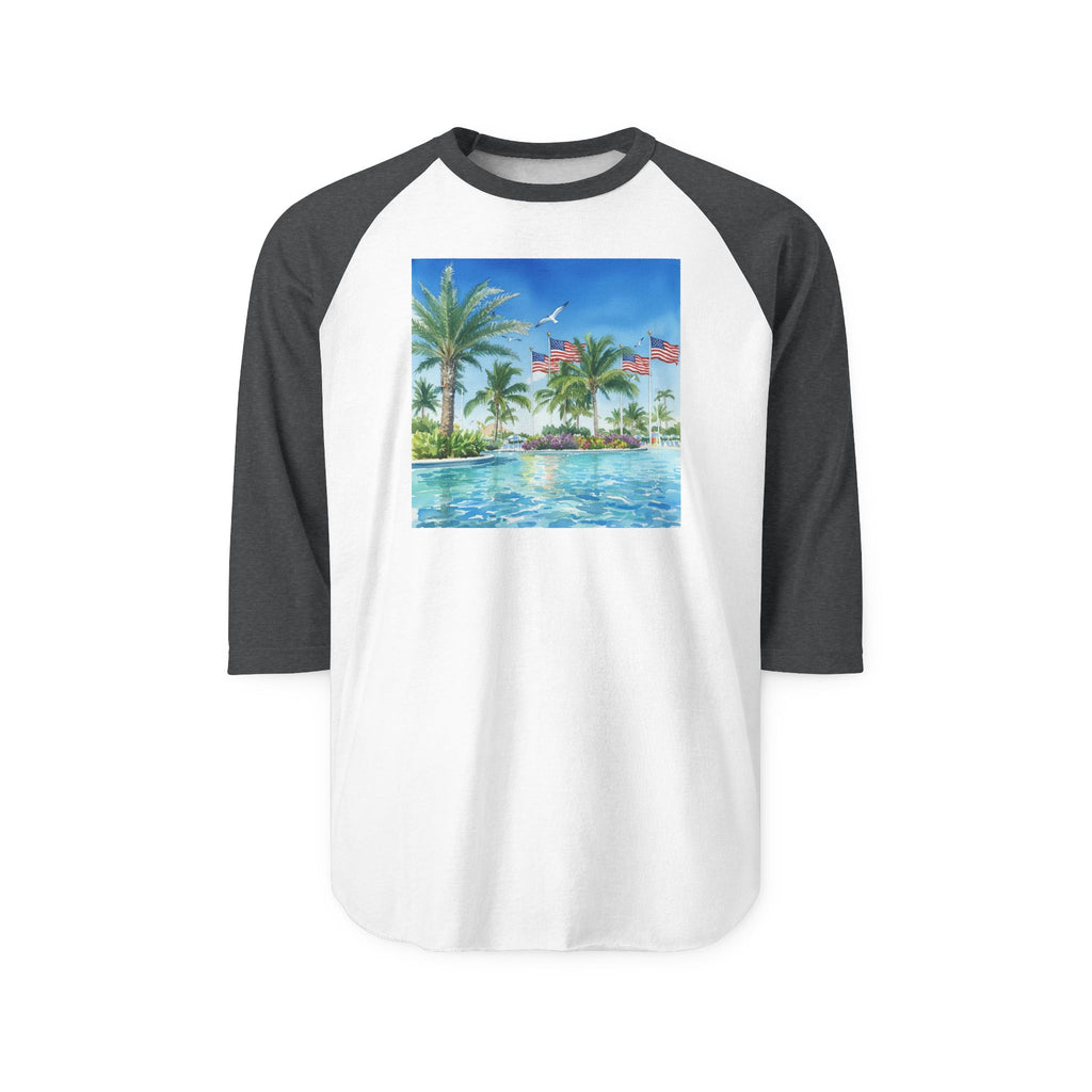 Tropical Poolside Raglan Shirt — Palm Trees & American Flag Beach Design