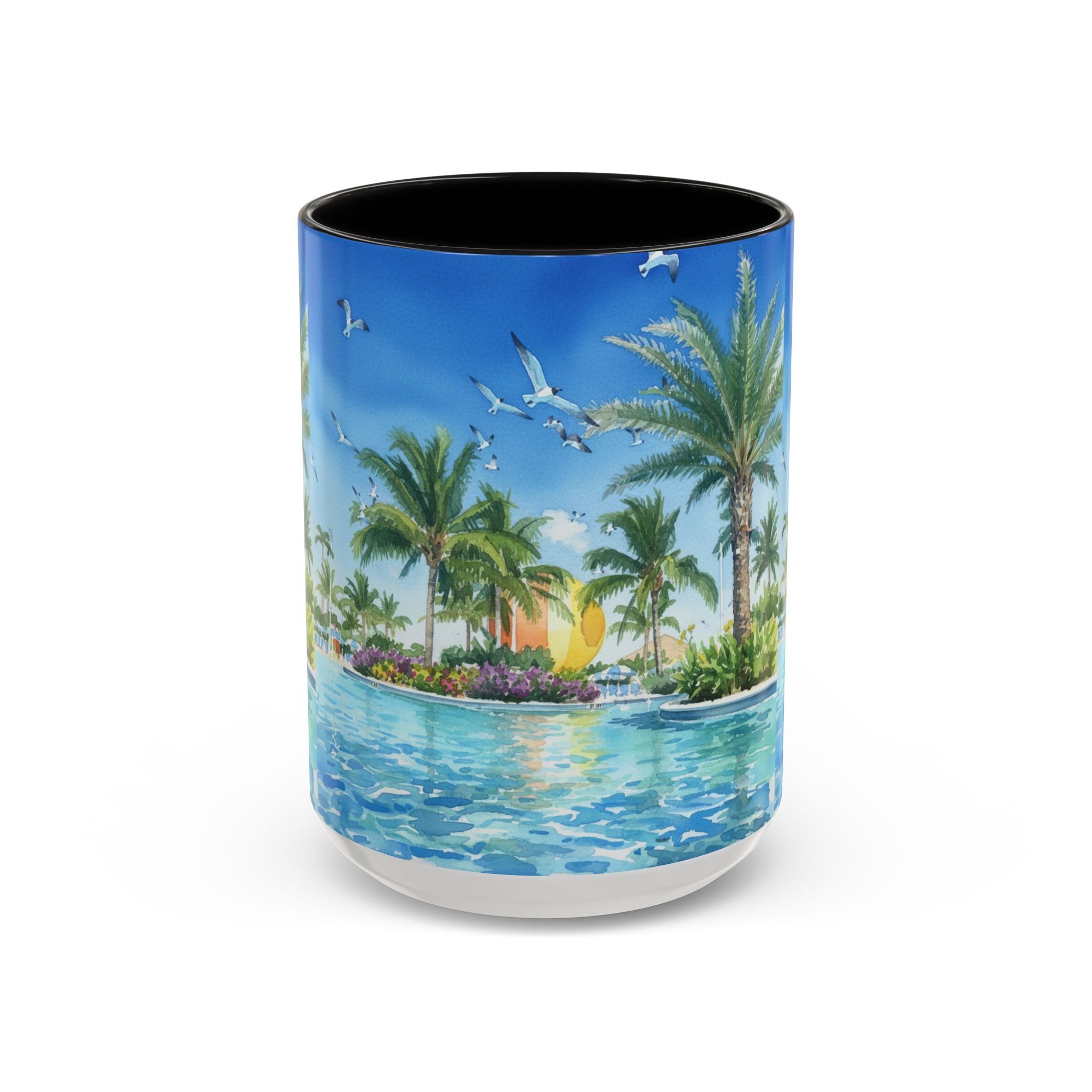 Tropical Palm Beach Coffee Mug — Sunset Seagulls Accent Mug (11/15oz)