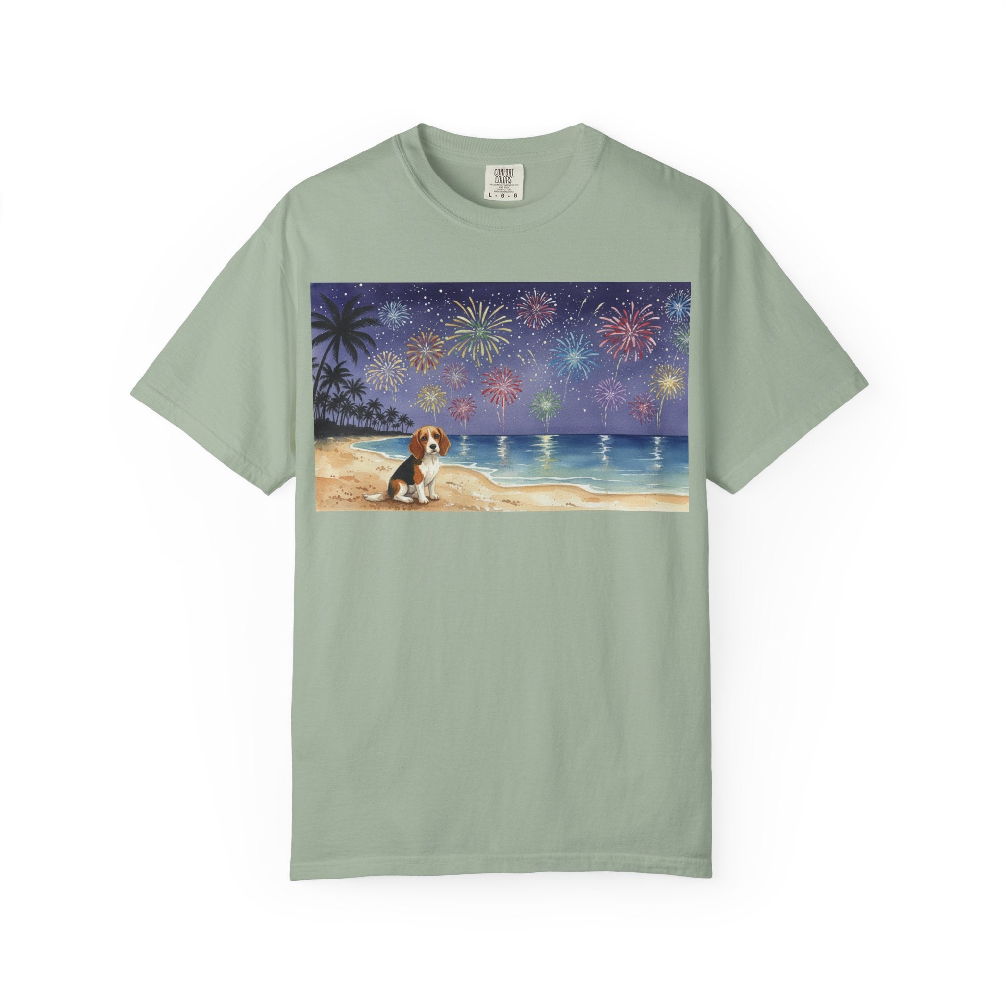 Beach Night Fireworks T‑Shirt with Dog Scene — Summer Holiday Tee