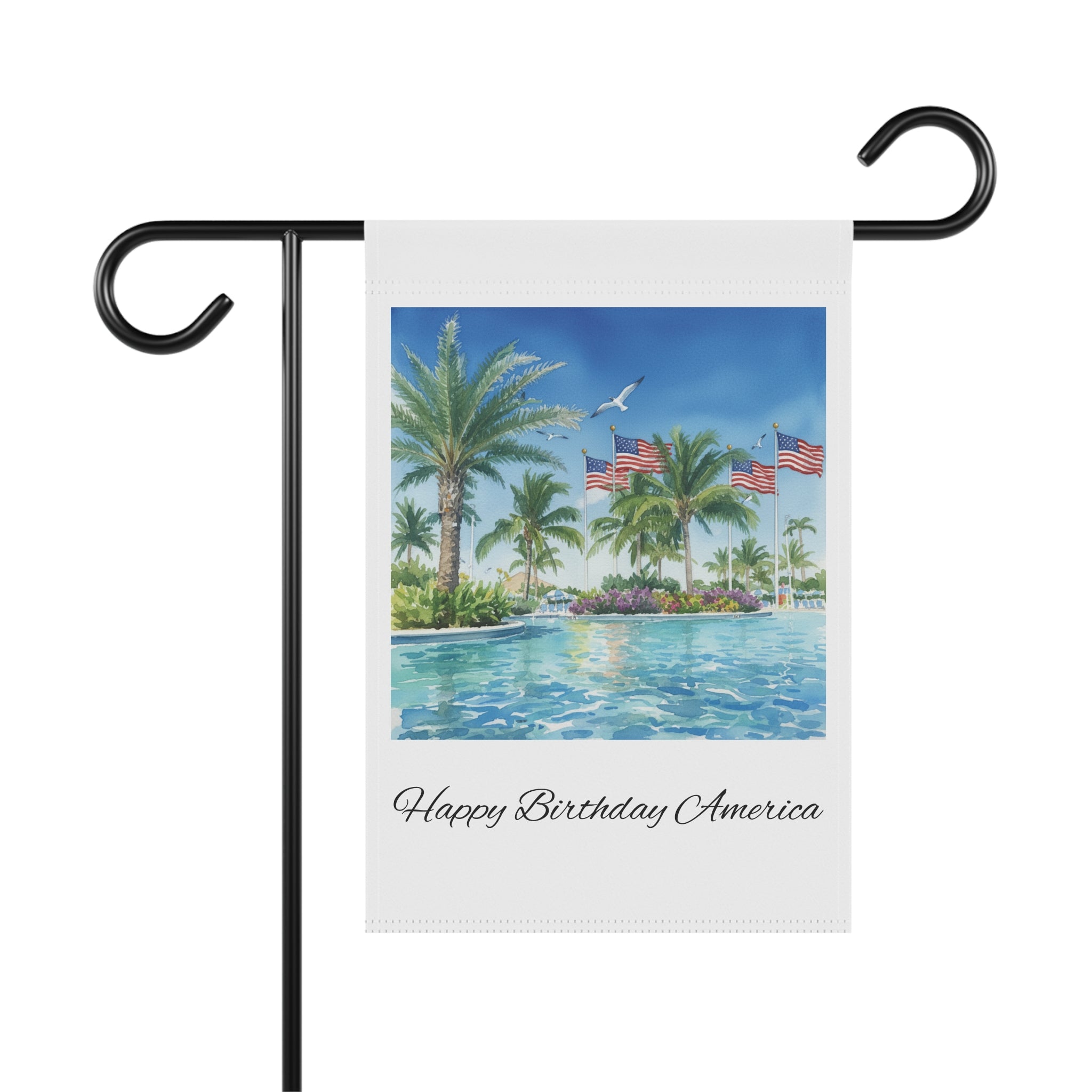 Patriotic Tropical Garden Flag — "Happy Birthday America" Poolside Banner