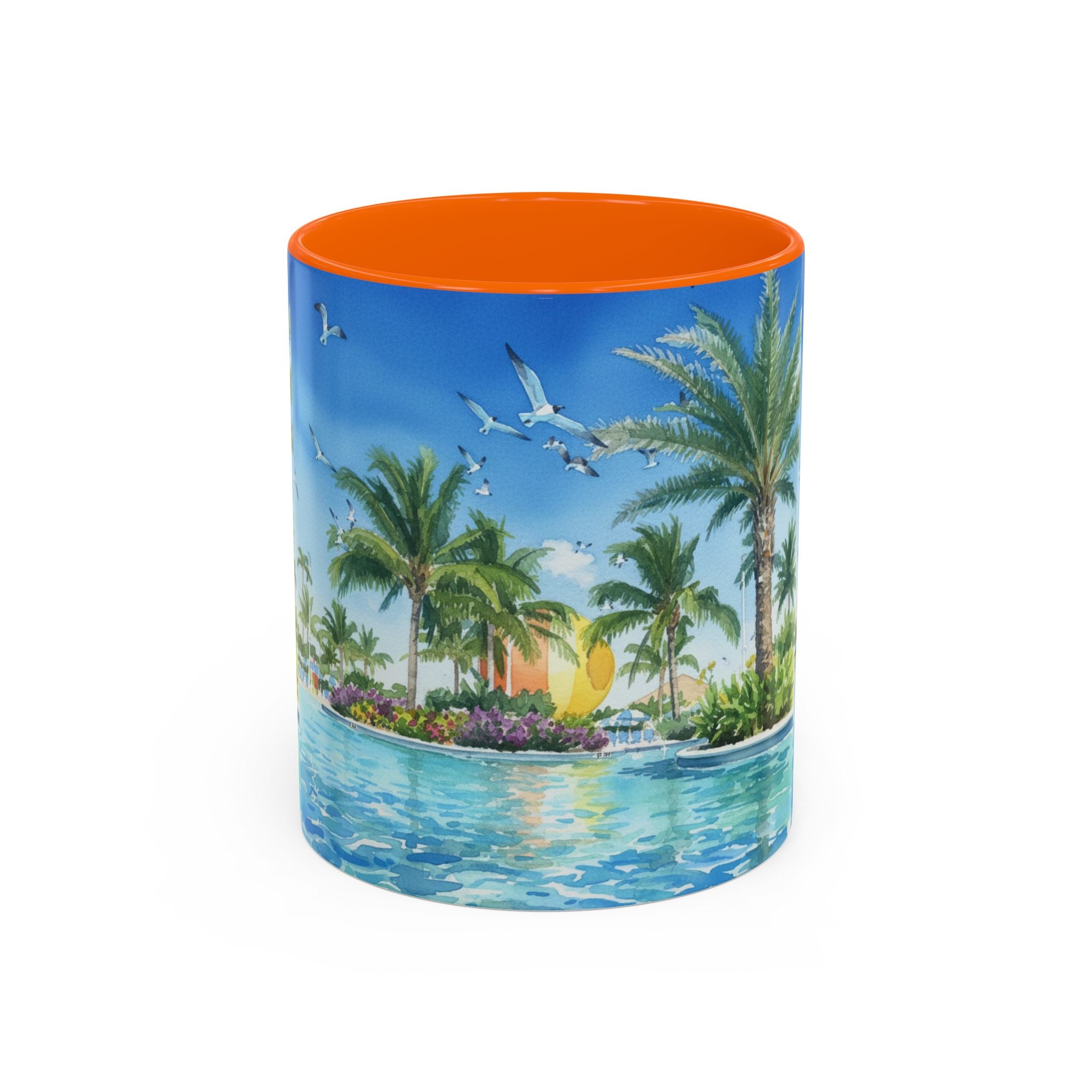 Tropical Palm Beach Coffee Mug — Sunset Seagulls Accent Mug (11/15oz)