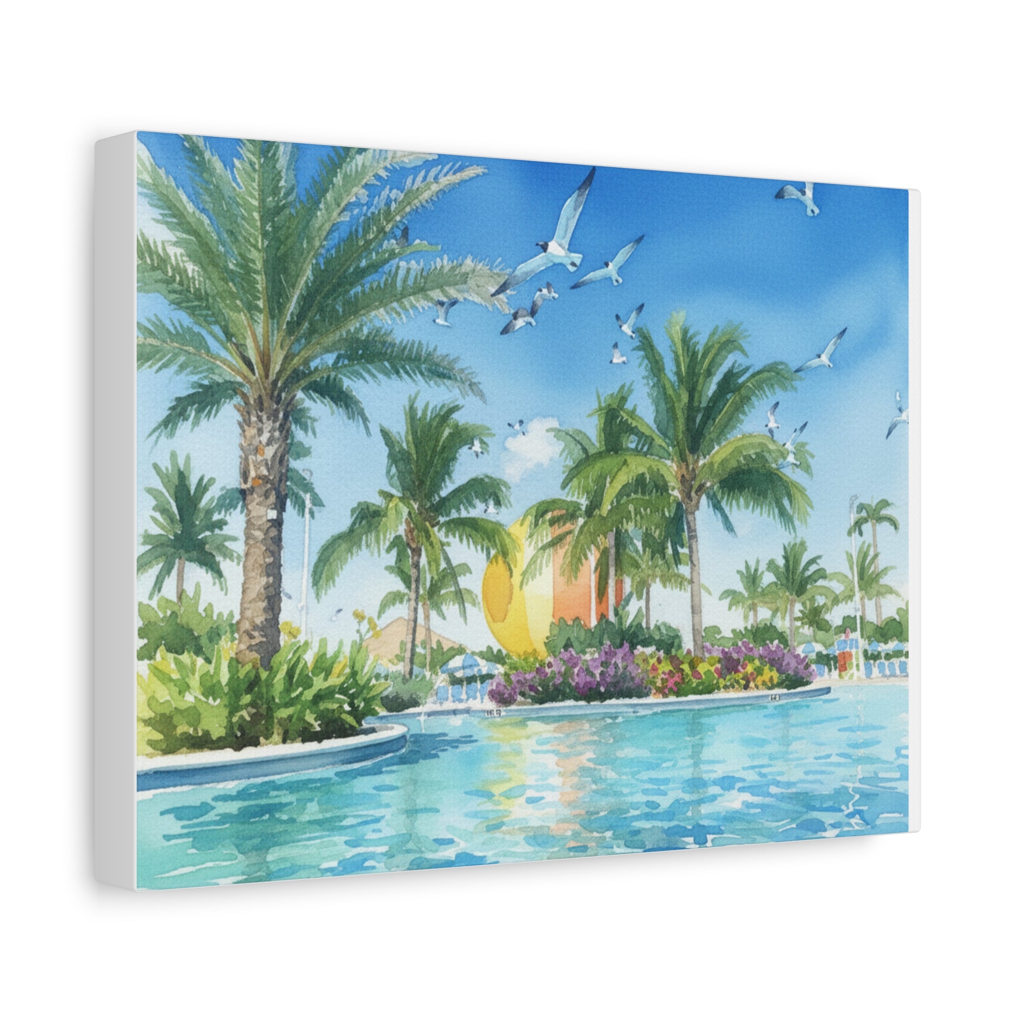 Tropical Beach Canvas Wall Art — Palm Trees, Seagulls & Sunset Pool Scene