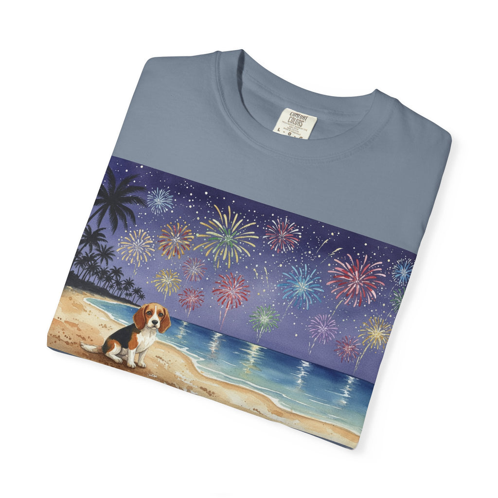Beach Night Fireworks T‑Shirt with Dog Scene — Summer Holiday Tee