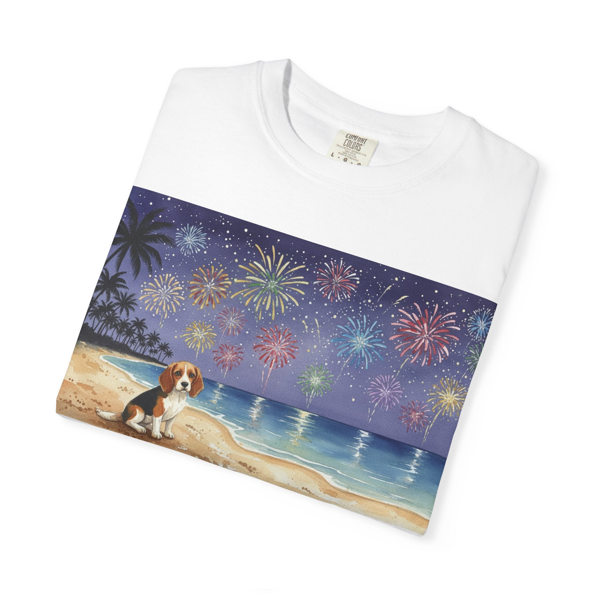 Beach Night Fireworks T‑Shirt with Dog Scene — Summer Holiday Tee