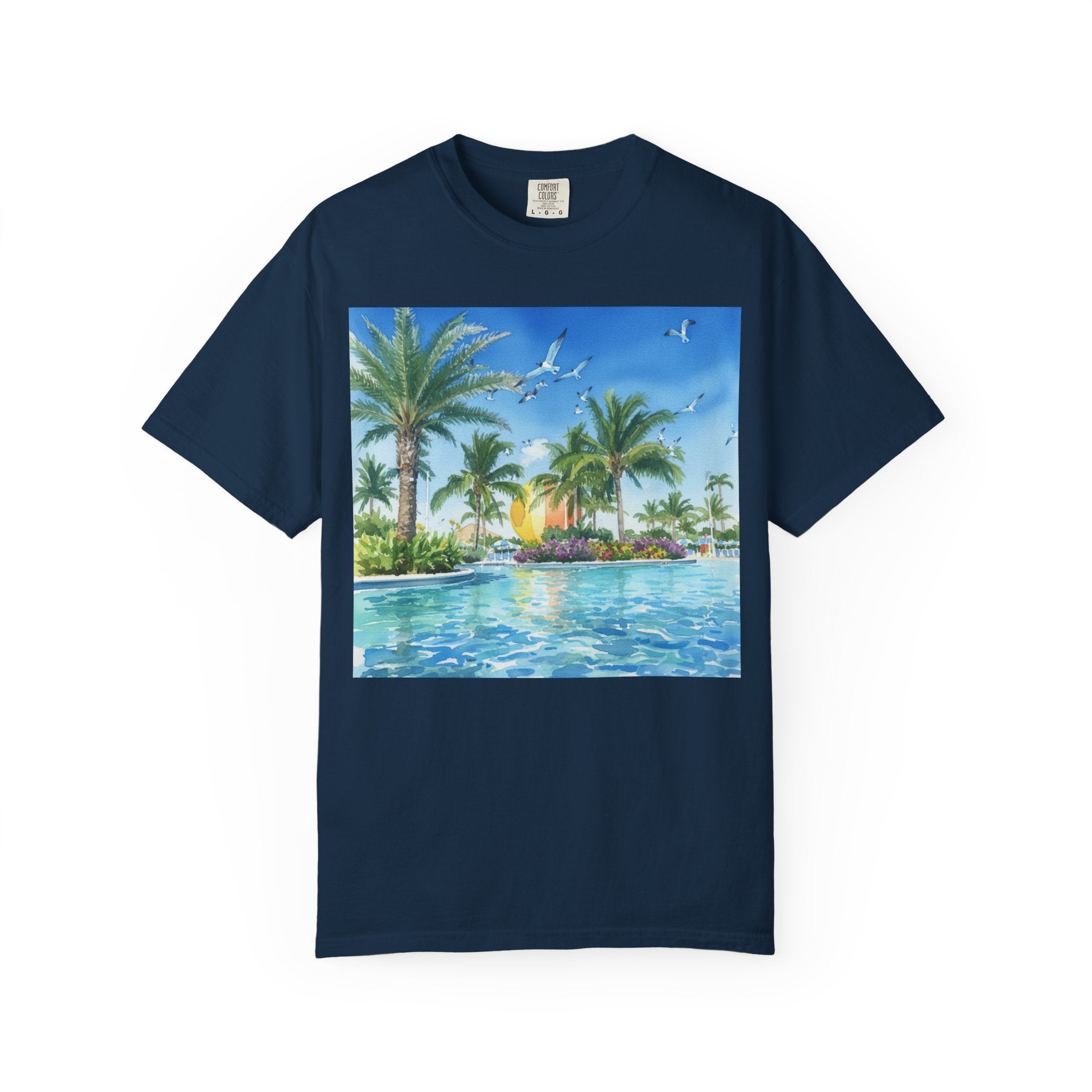 Tropical Poolside T-Shirt — Palm Trees & Sunset Swim Graphic Tee