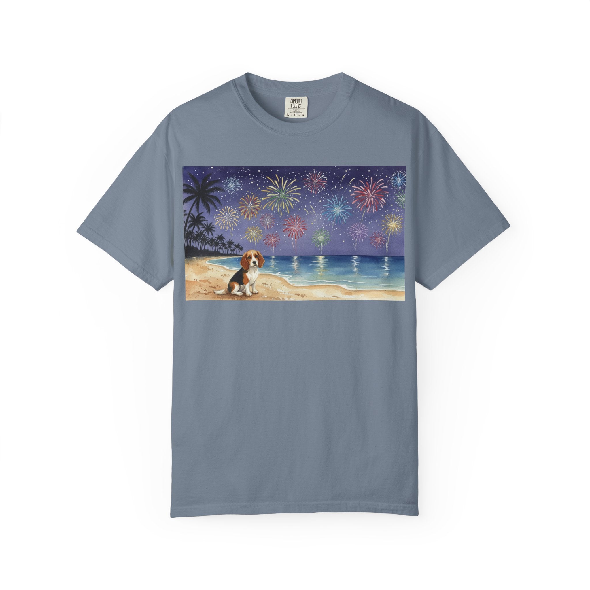Beach Night Fireworks T‑Shirt with Dog Scene — Summer Holiday Tee