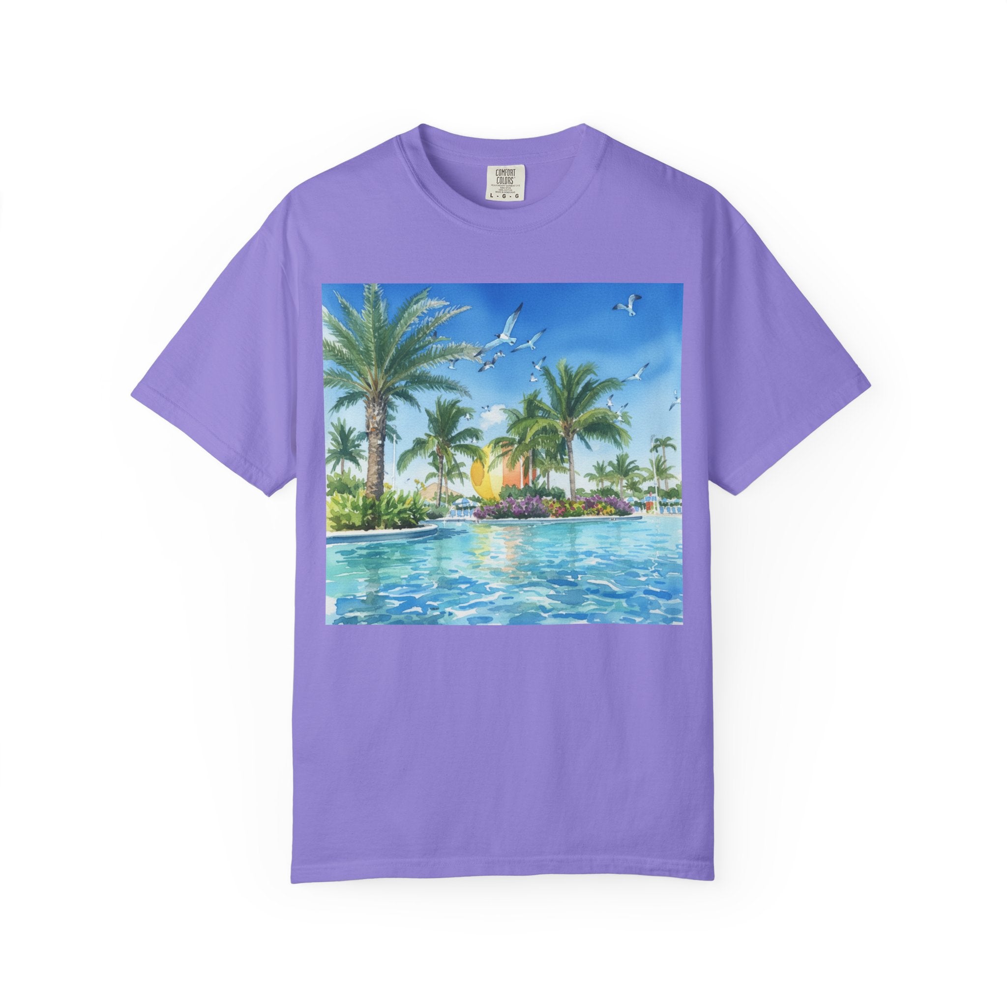Tropical Poolside T-Shirt — Palm Trees & Sunset Swim Graphic Tee