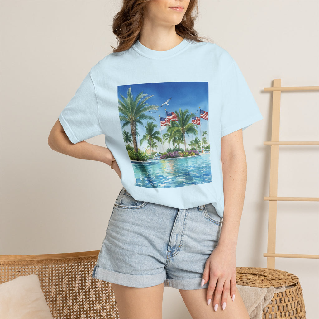 Tropical Pool Paradise T-Shirt — Palm Trees & Flags Summer Graphic Tee