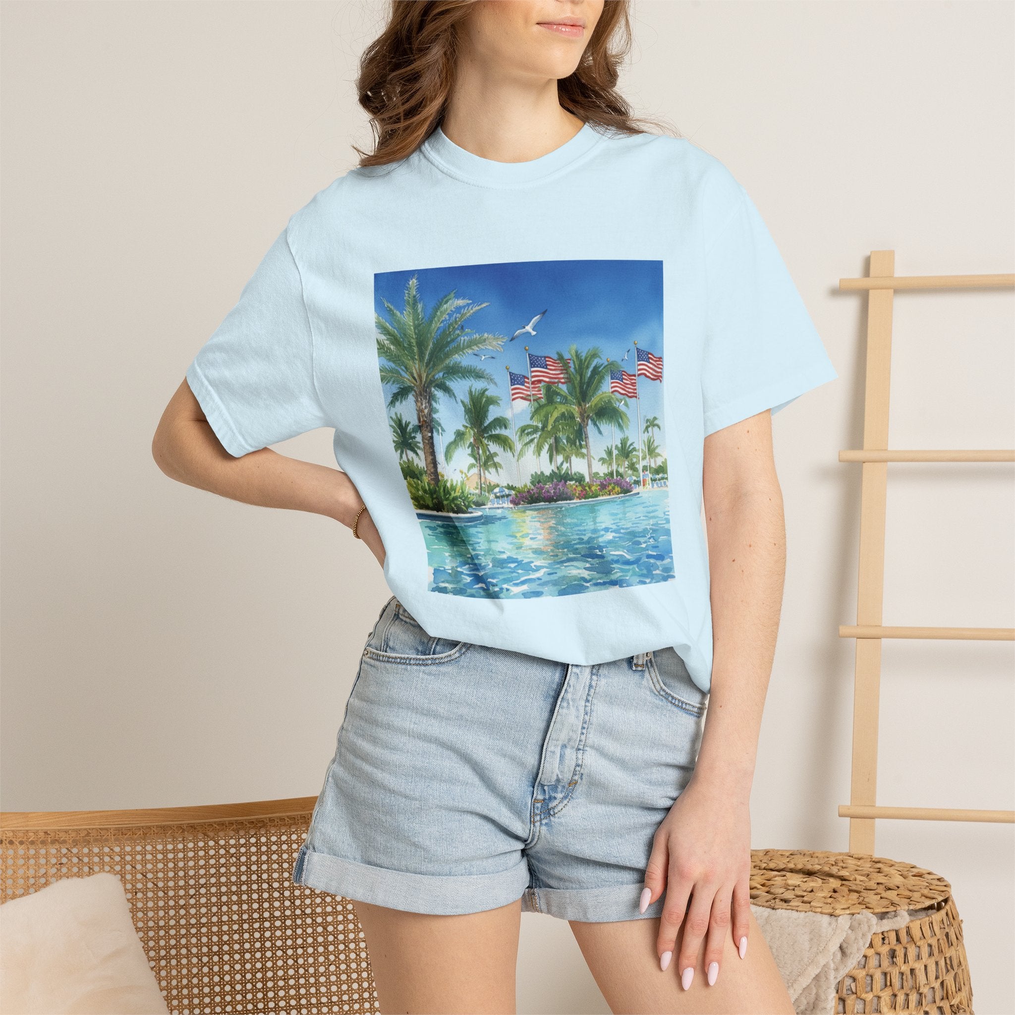 Tropical Pool Paradise T-Shirt — Palm Trees & Flags Summer Graphic Tee