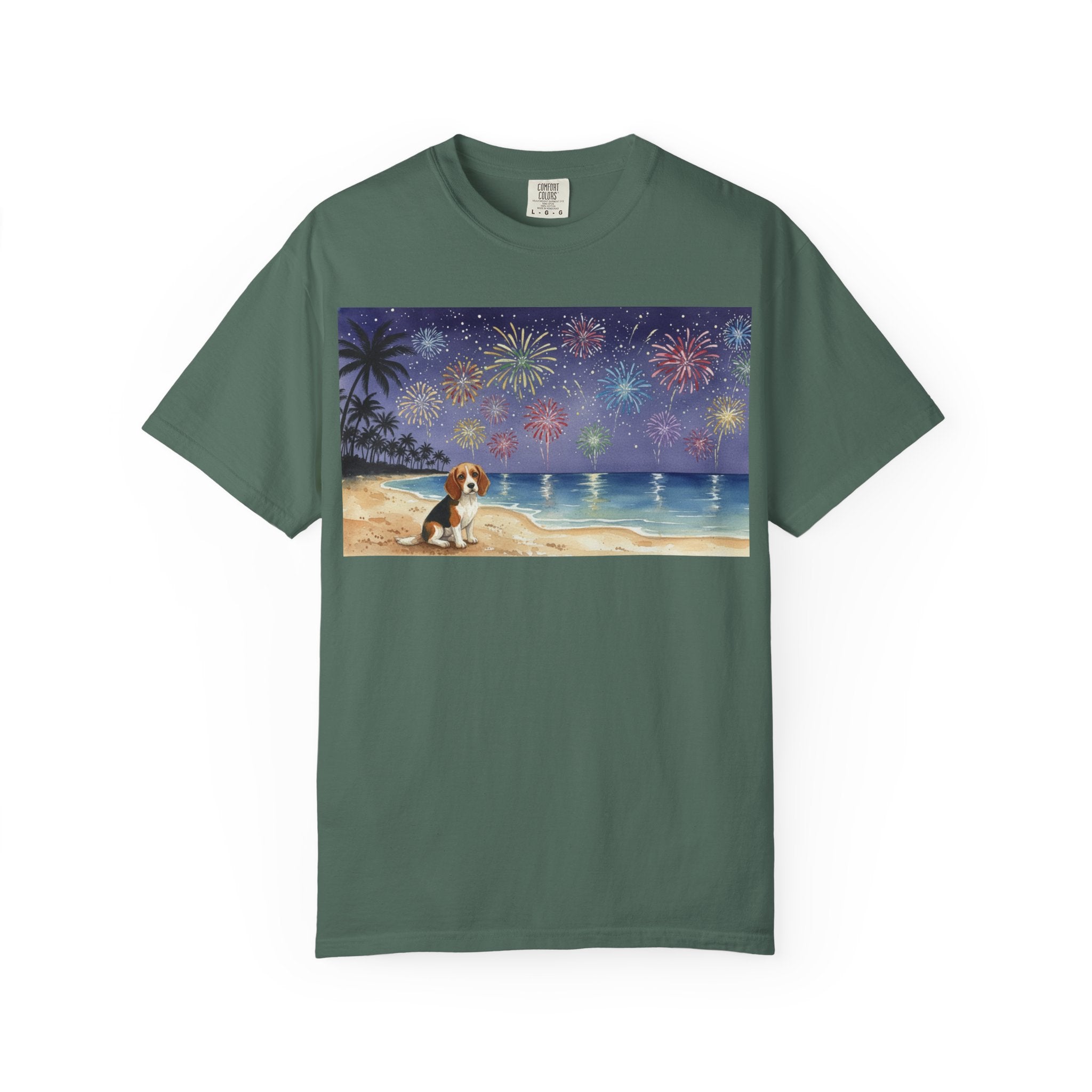 Beach Night Fireworks T‑Shirt with Dog Scene — Summer Holiday Tee