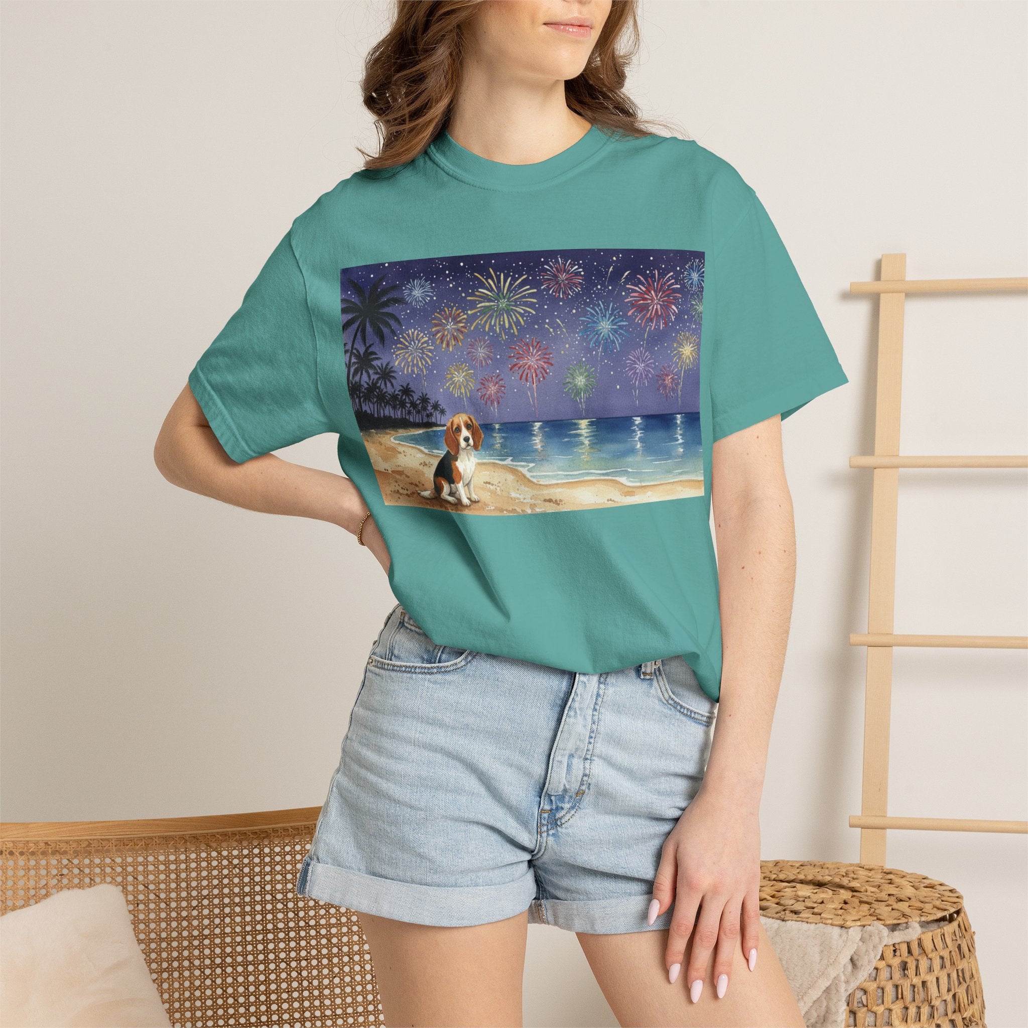 Beach Night Fireworks T‑Shirt with Dog Scene — Summer Holiday Tee