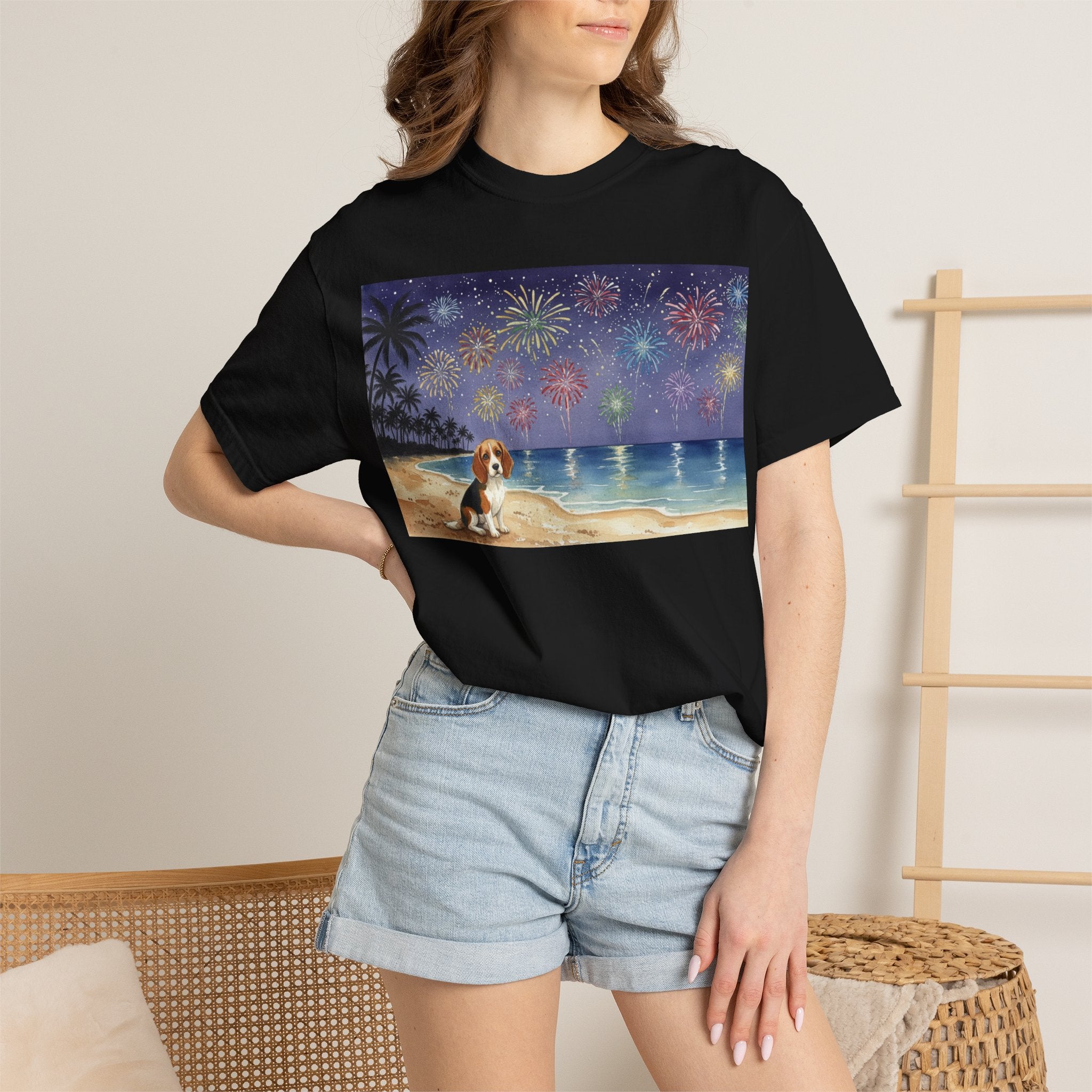Beach Night Fireworks T‑Shirt with Dog Scene — Summer Holiday Tee