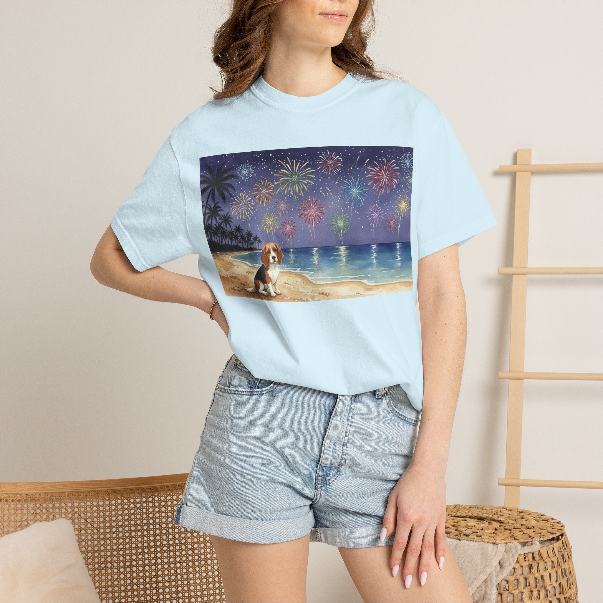 Beach Night Fireworks T‑Shirt with Dog Scene — Summer Holiday Tee