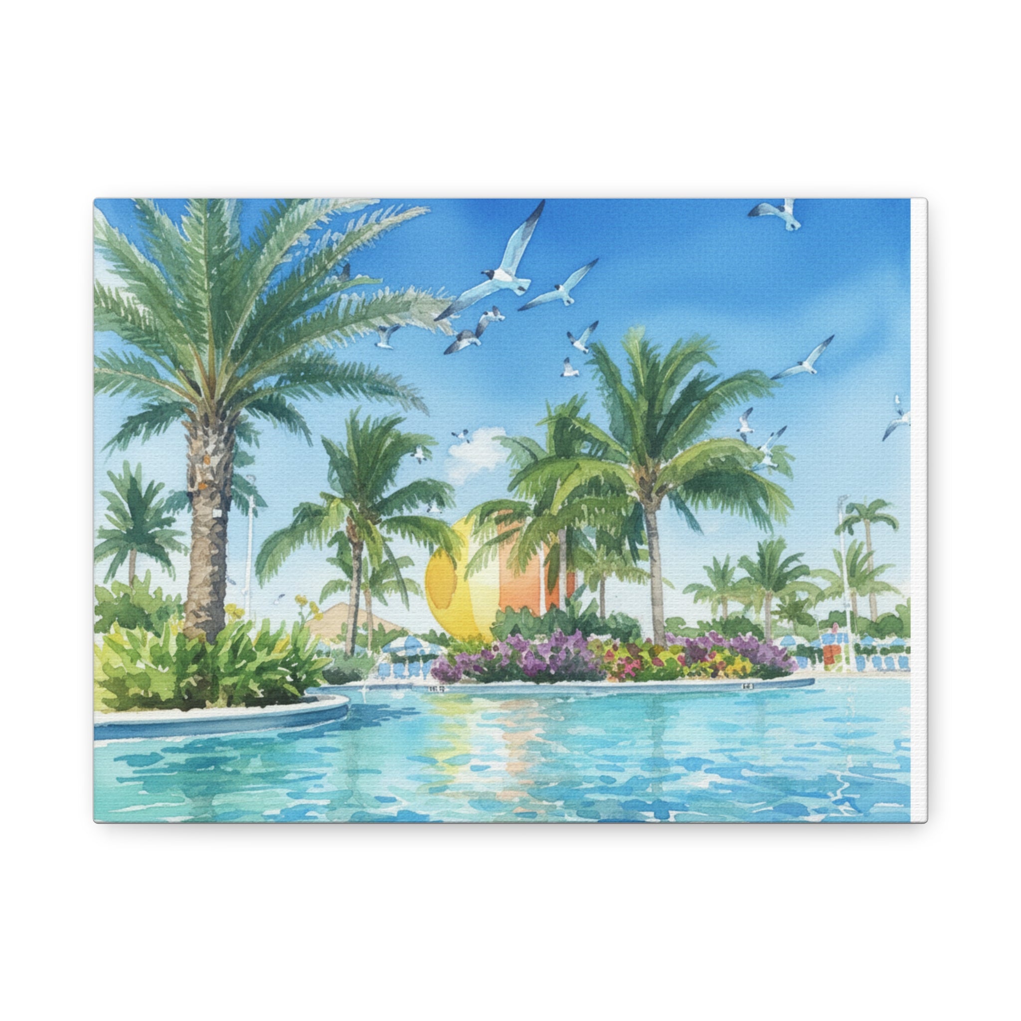 Tropical Beach Canvas Wall Art — Palm Trees, Seagulls & Sunset Pool Scene