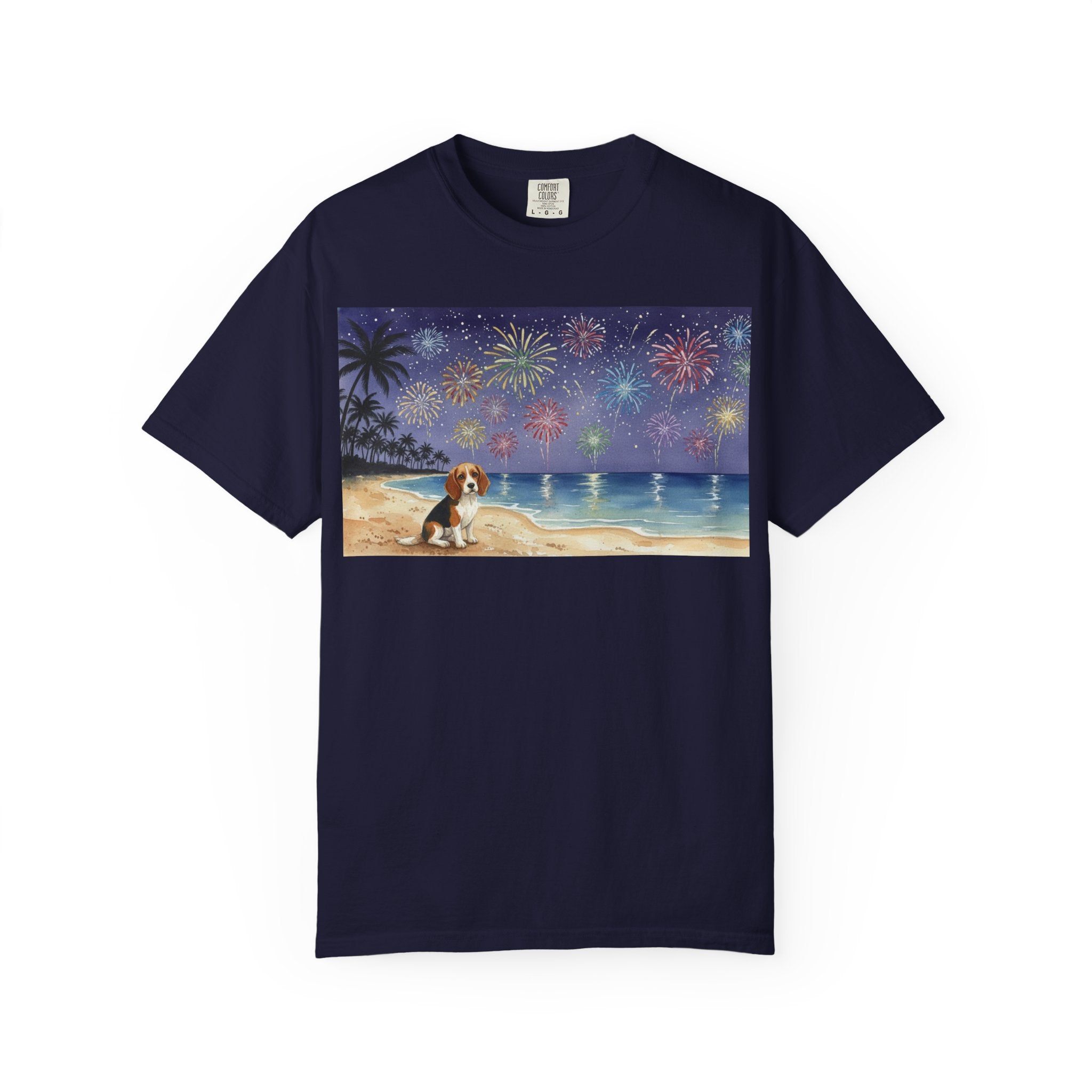 Beach Night Fireworks T‑Shirt with Dog Scene — Summer Holiday Tee