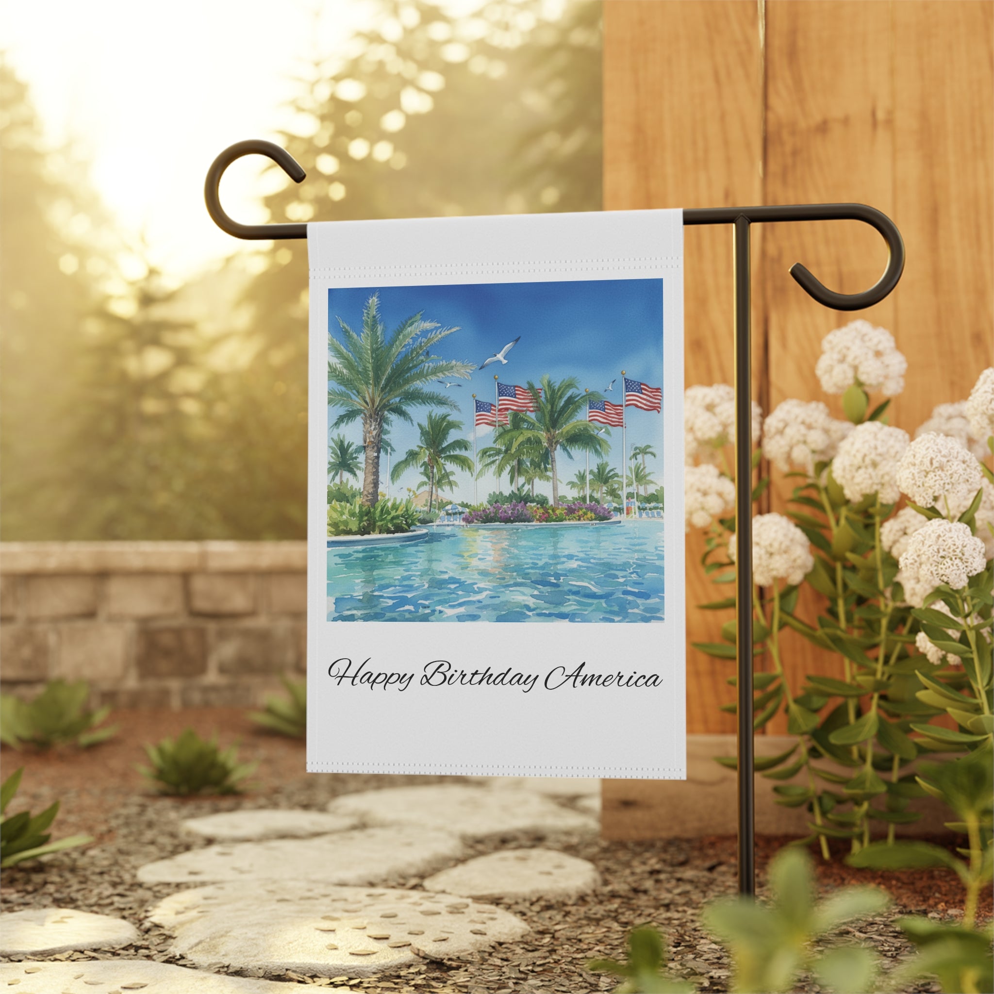 Patriotic Tropical Garden Flag — "Happy Birthday America" Poolside Banner