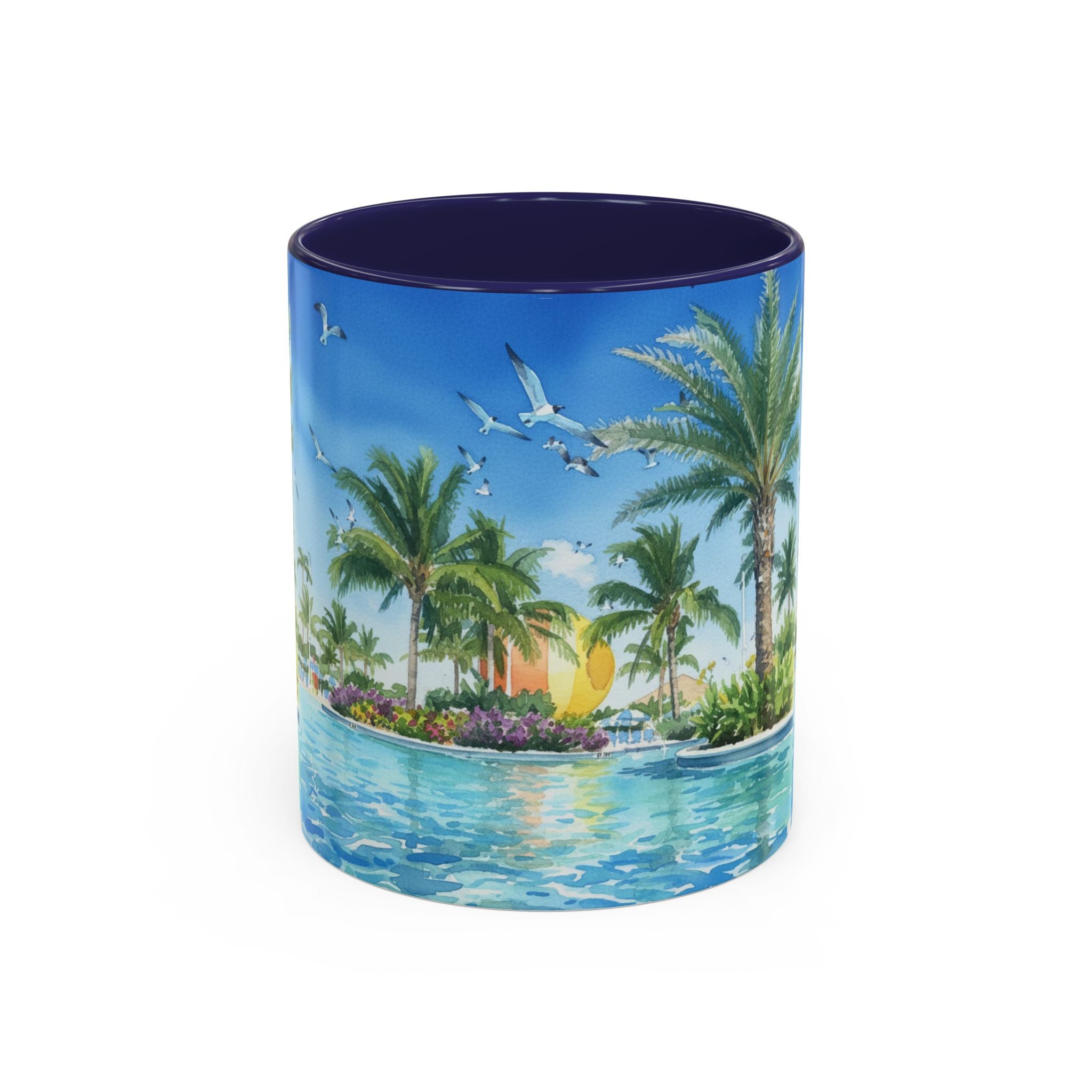 Tropical Palm Beach Coffee Mug — Sunset Seagulls Accent Mug (11/15oz)