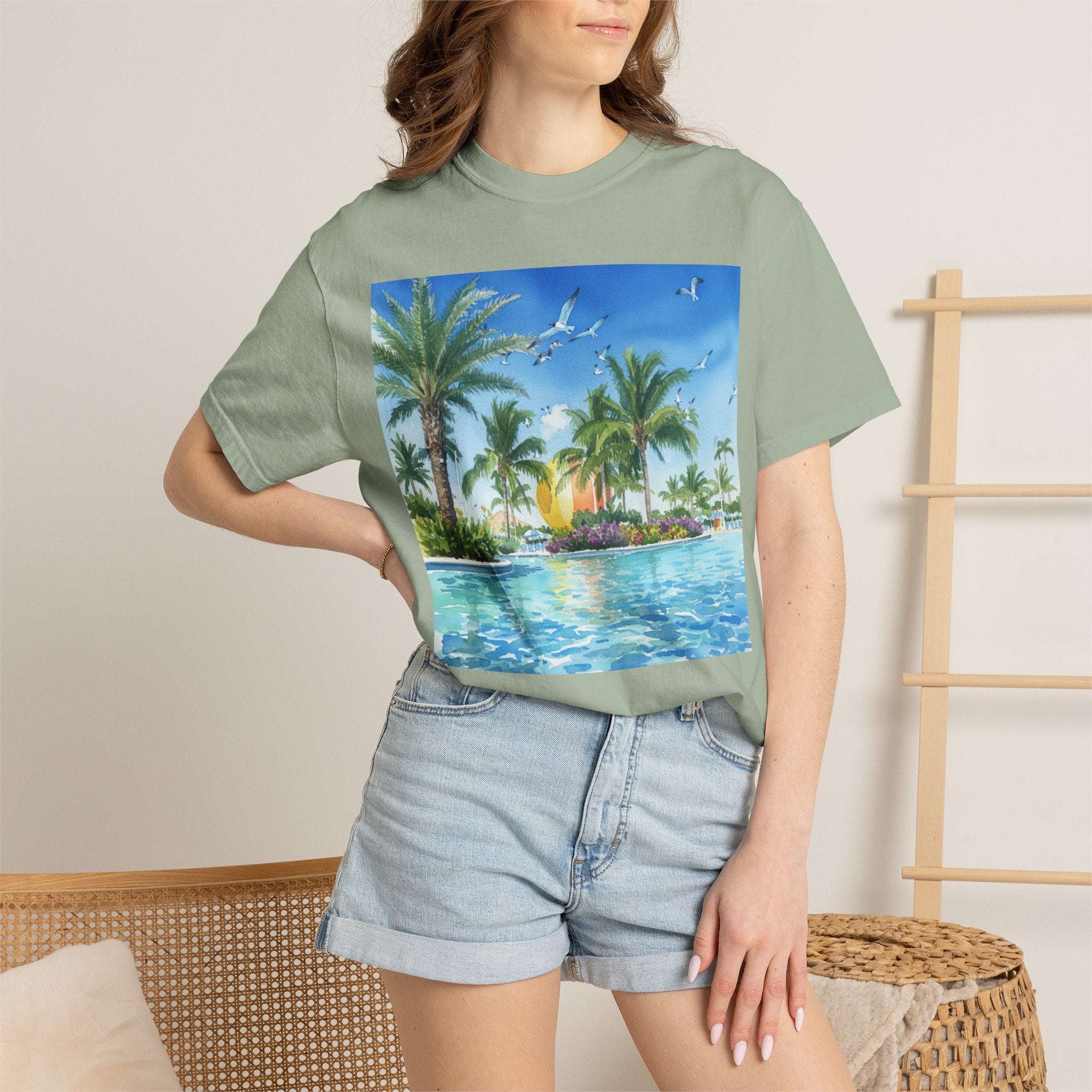 Tropical Poolside T-Shirt — Palm Trees & Sunset Swim Graphic Tee