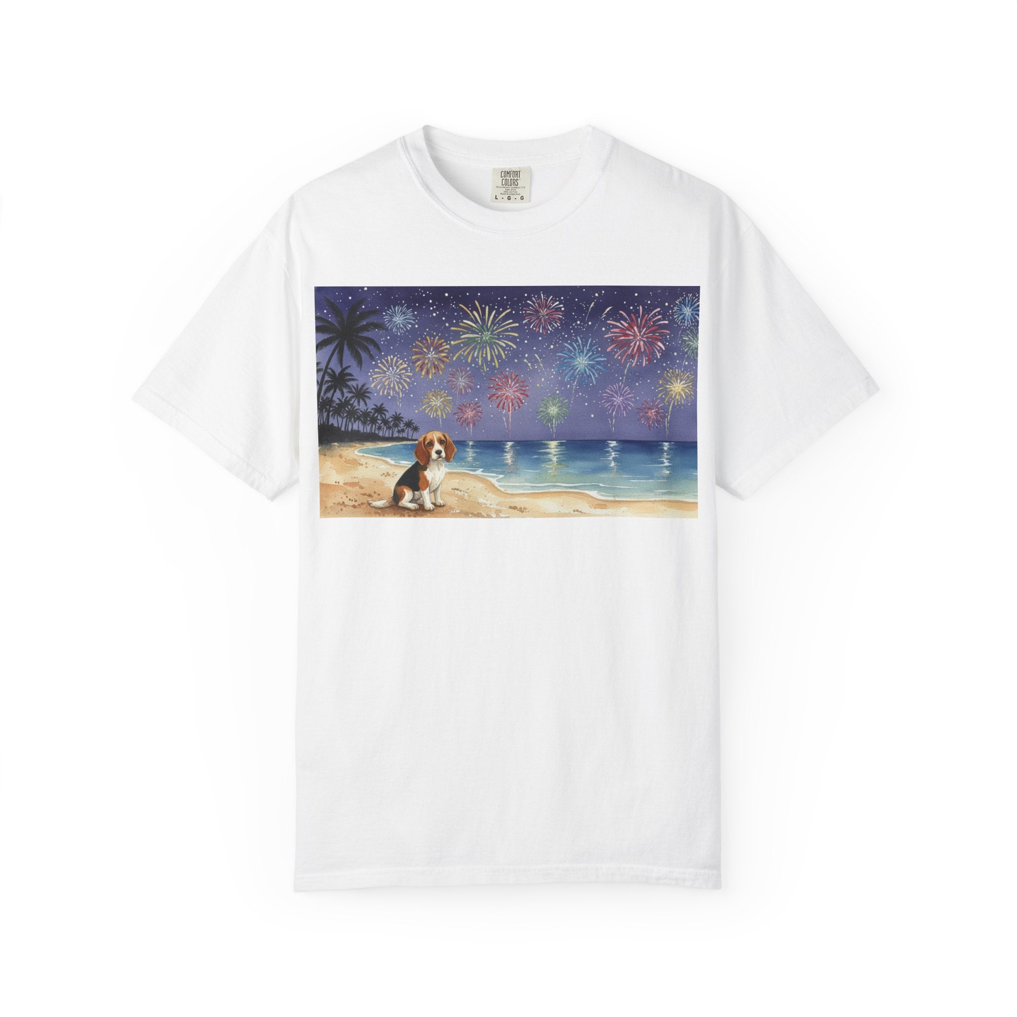 Beach Night Fireworks T‑Shirt with Dog Scene — Summer Holiday Tee