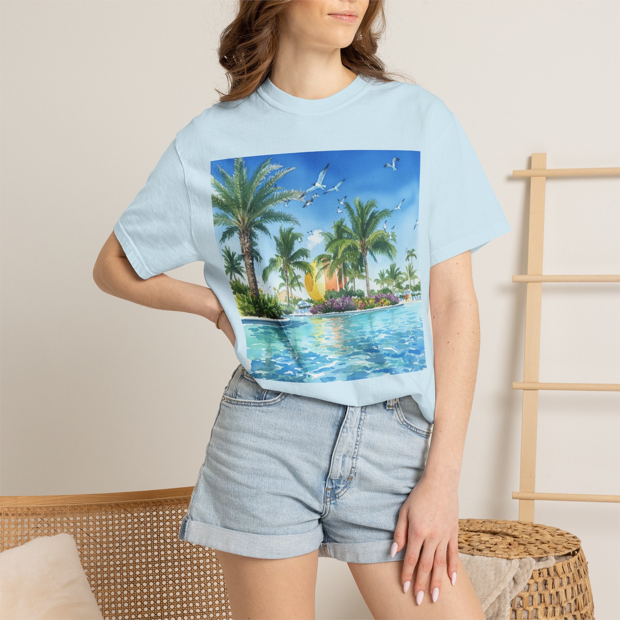 Tropical Poolside T-Shirt — Palm Trees & Sunset Swim Graphic Tee