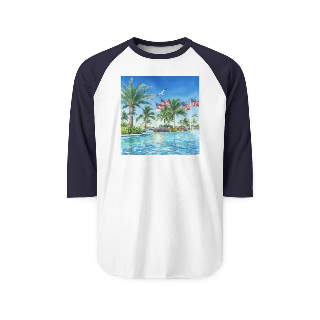 Tropical Poolside Raglan Shirt — Palm Trees & American Flag Beach Design