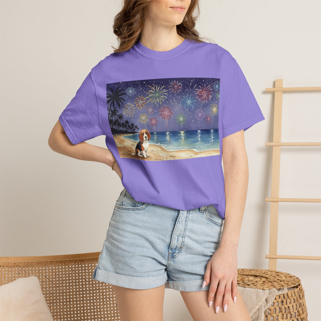 Beach Night Fireworks T‑Shirt with Dog Scene — Summer Holiday Tee
