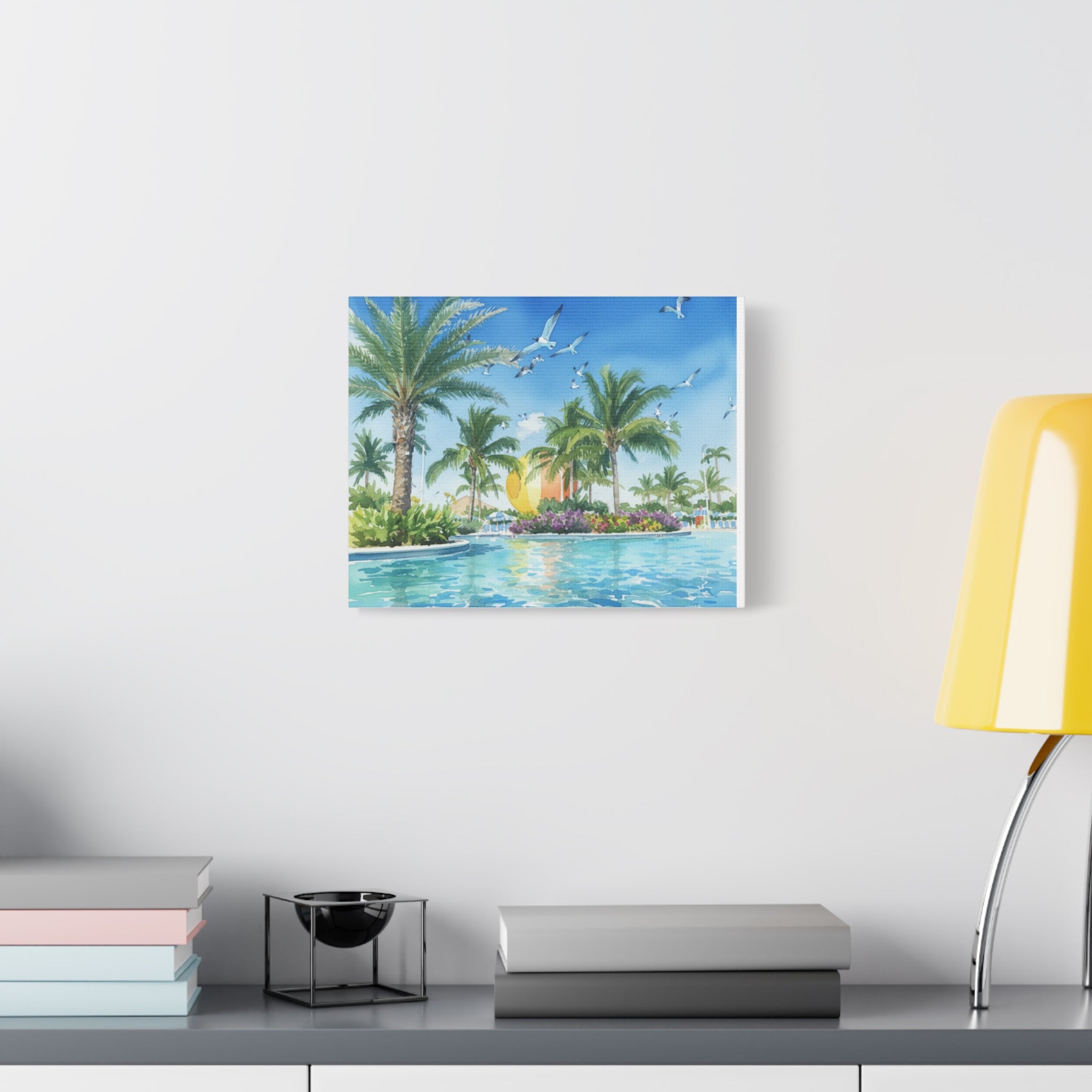 Tropical Beach Canvas Wall Art — Palm Trees, Seagulls & Sunset Pool Scene