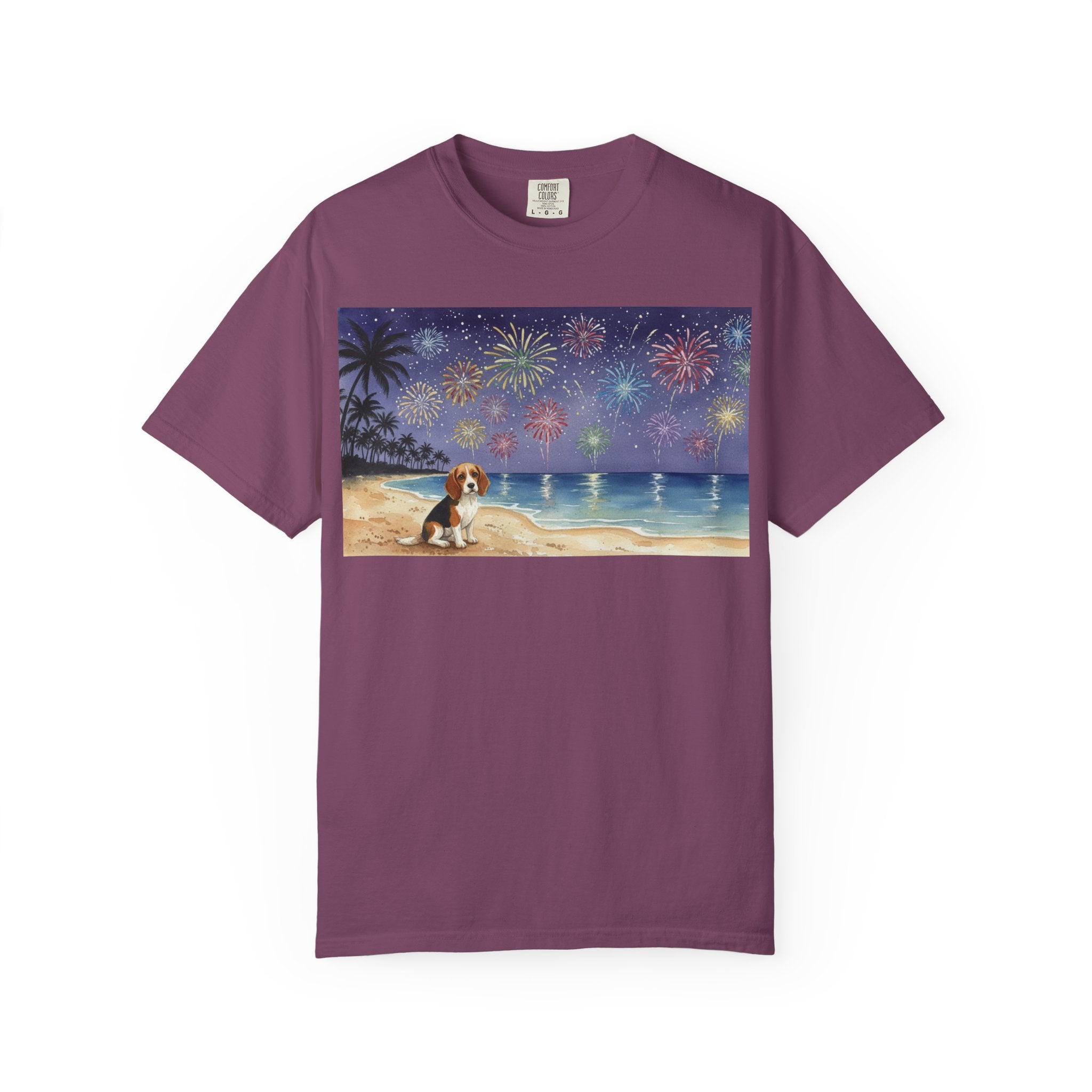 Beach Night Fireworks T‑Shirt with Dog Scene — Summer Holiday Tee