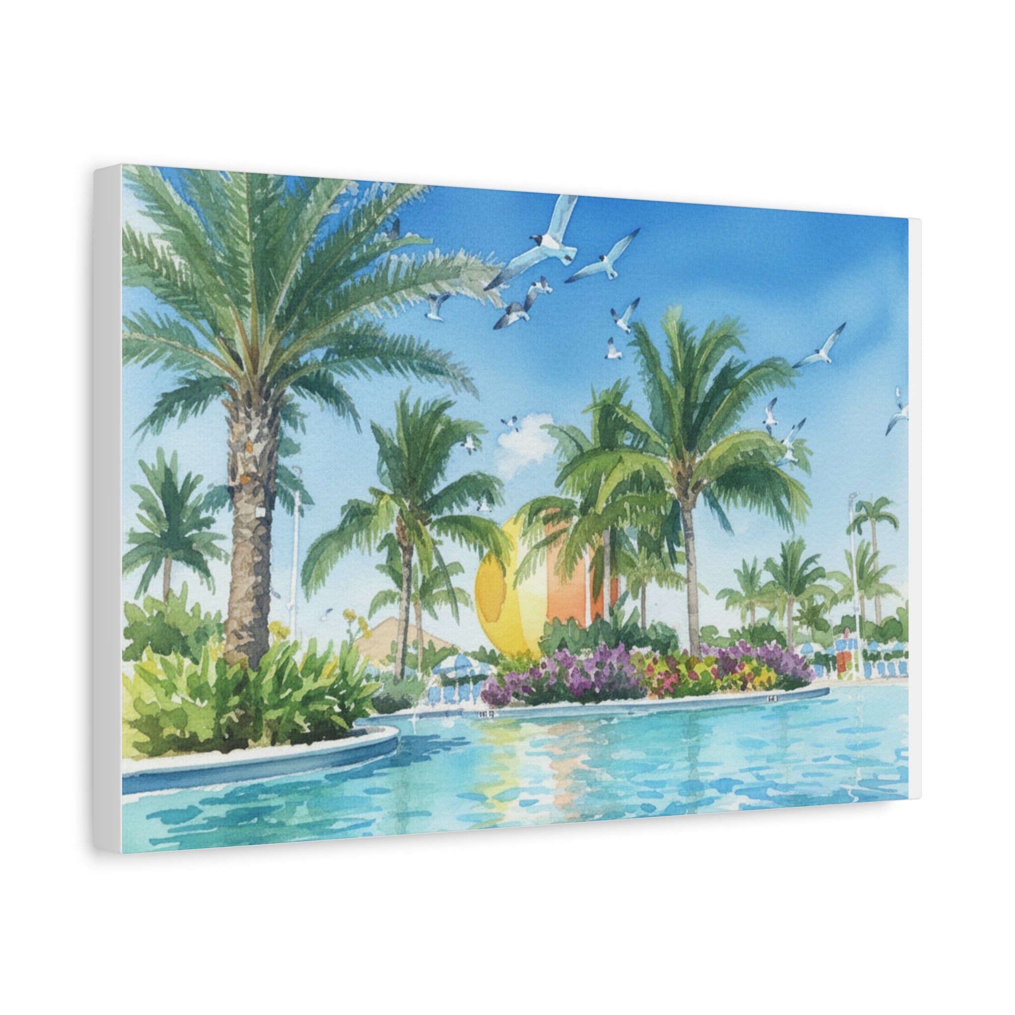 Tropical Beach Canvas Wall Art — Palm Trees, Seagulls & Sunset Pool Scene