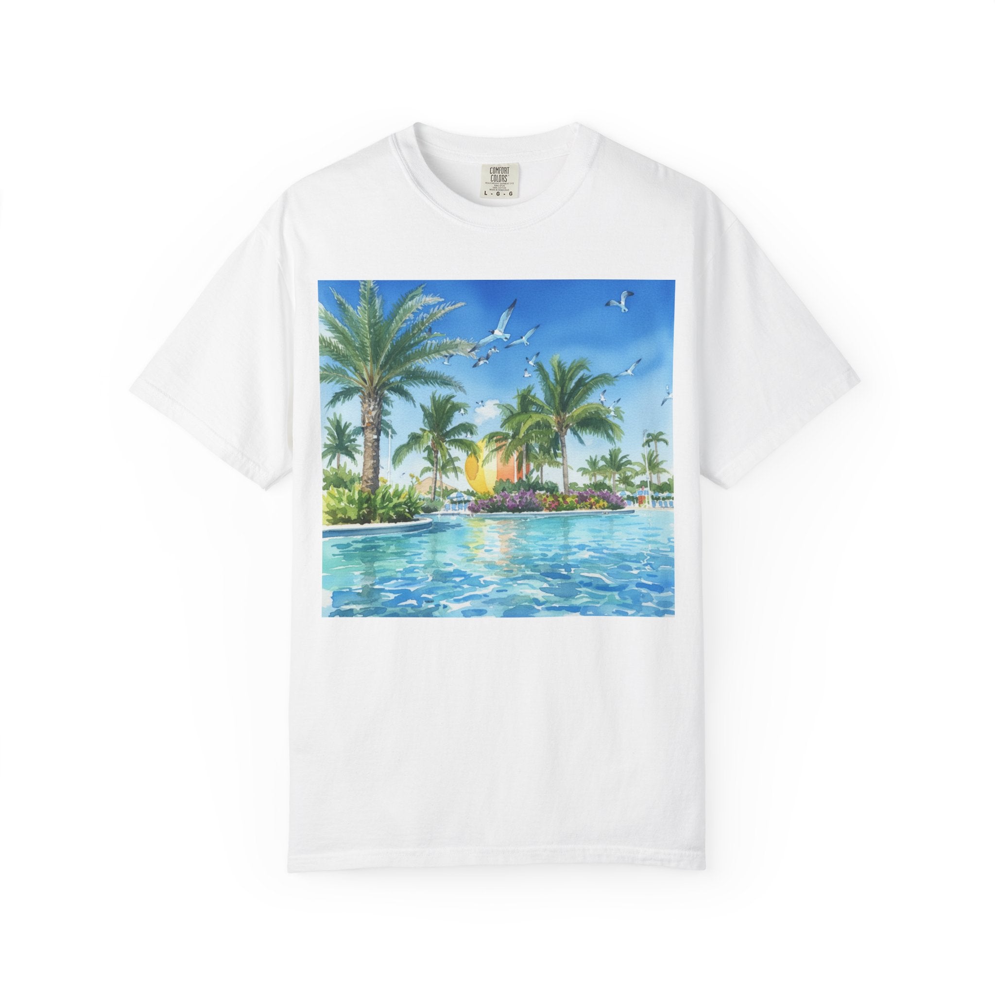 Tropical Poolside T-Shirt — Palm Trees & Sunset Swim Graphic Tee