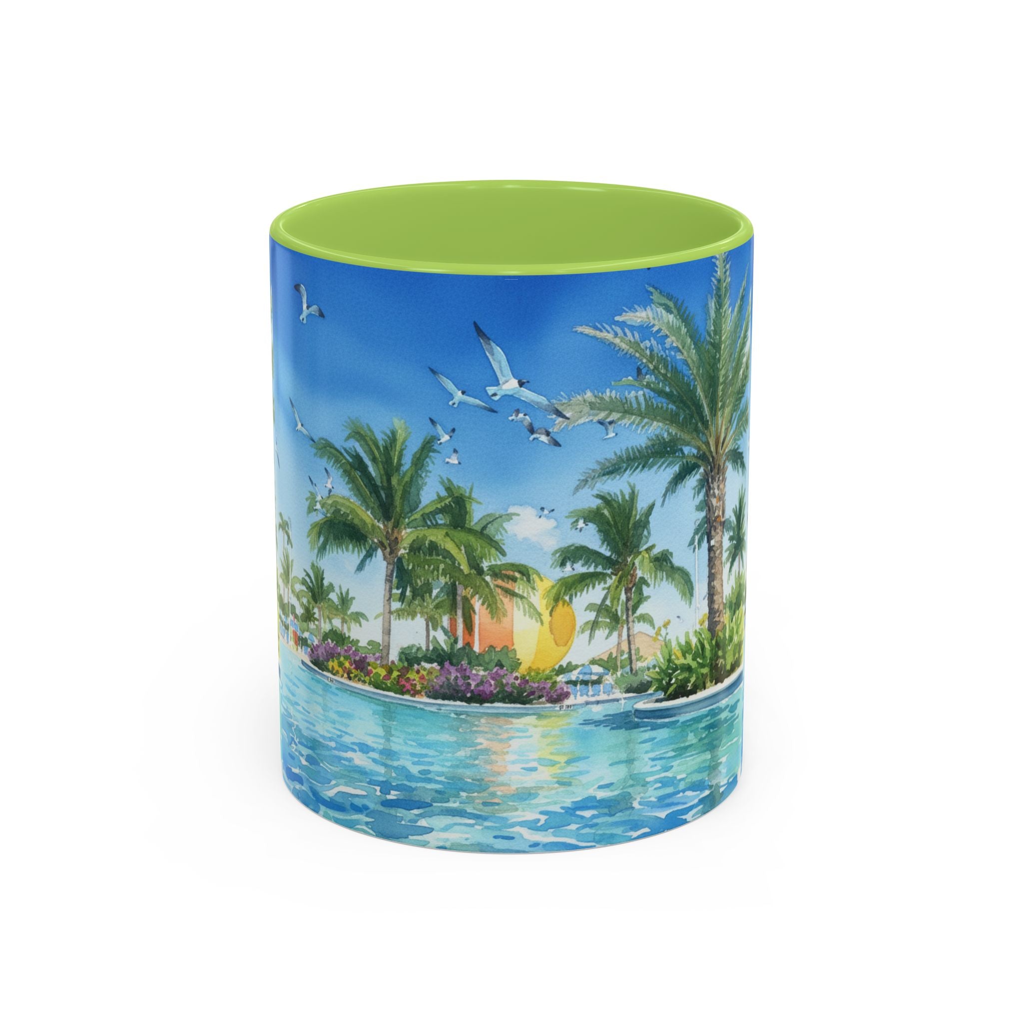 Tropical Palm Beach Coffee Mug — Sunset Seagulls Accent Mug (11/15oz)