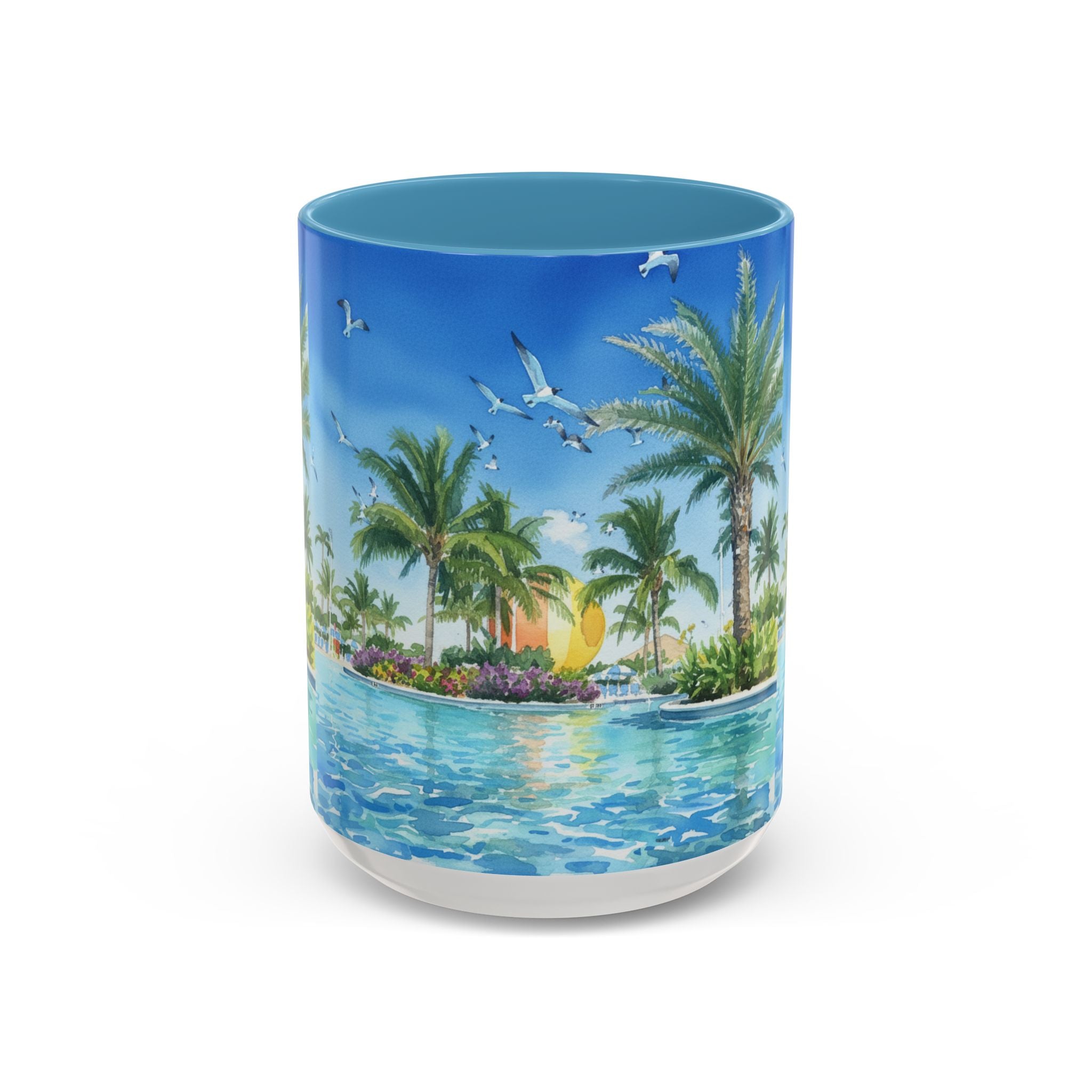 Tropical Palm Beach Coffee Mug — Sunset Seagulls Accent Mug (11/15oz)