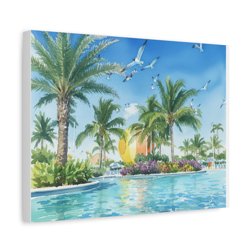 Tropical Beach Canvas Wall Art — Palm Trees, Seagulls & Sunset Pool Scene