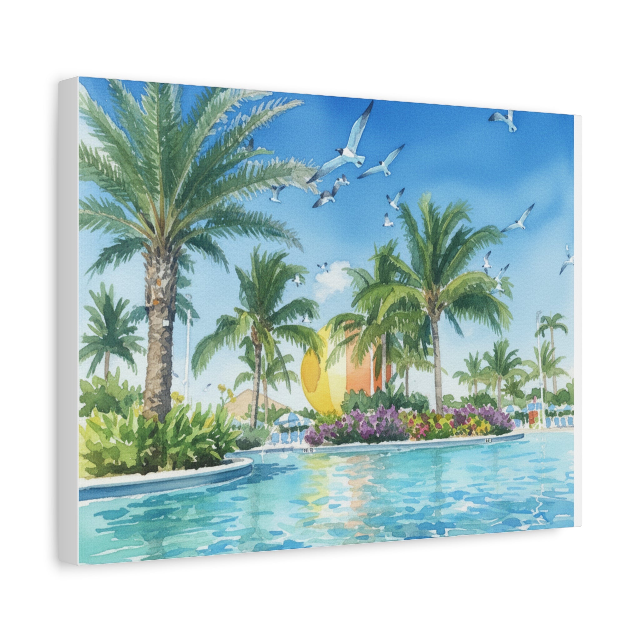 Tropical Beach Canvas Wall Art — Palm Trees, Seagulls & Sunset Pool Scene