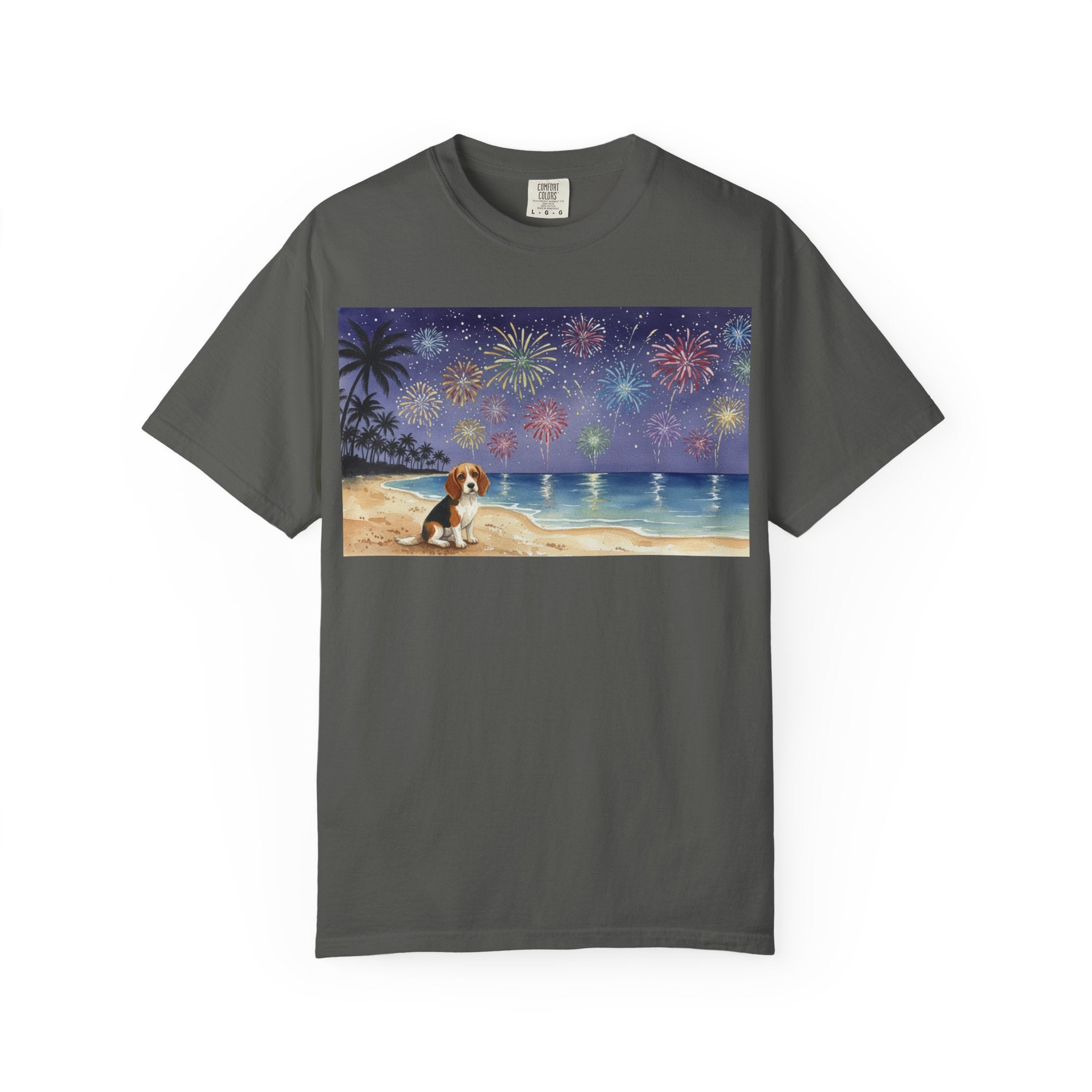 Beach Night Fireworks T‑Shirt with Dog Scene — Summer Holiday Tee