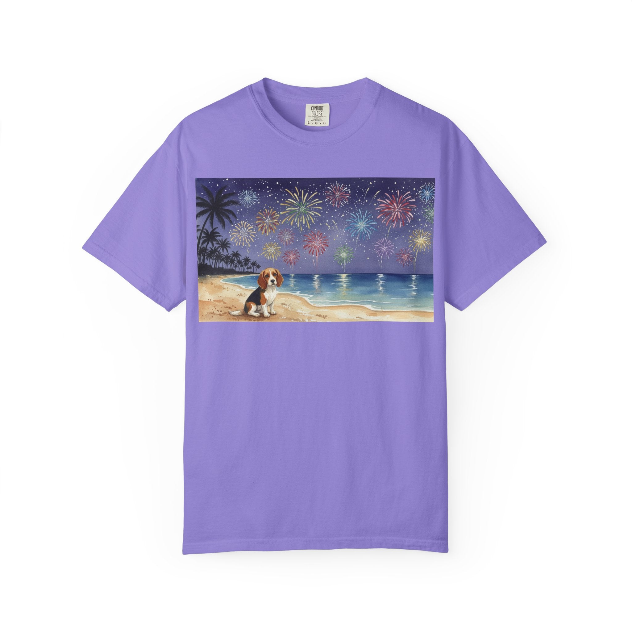 Beach Night Fireworks T‑Shirt with Dog Scene — Summer Holiday Tee