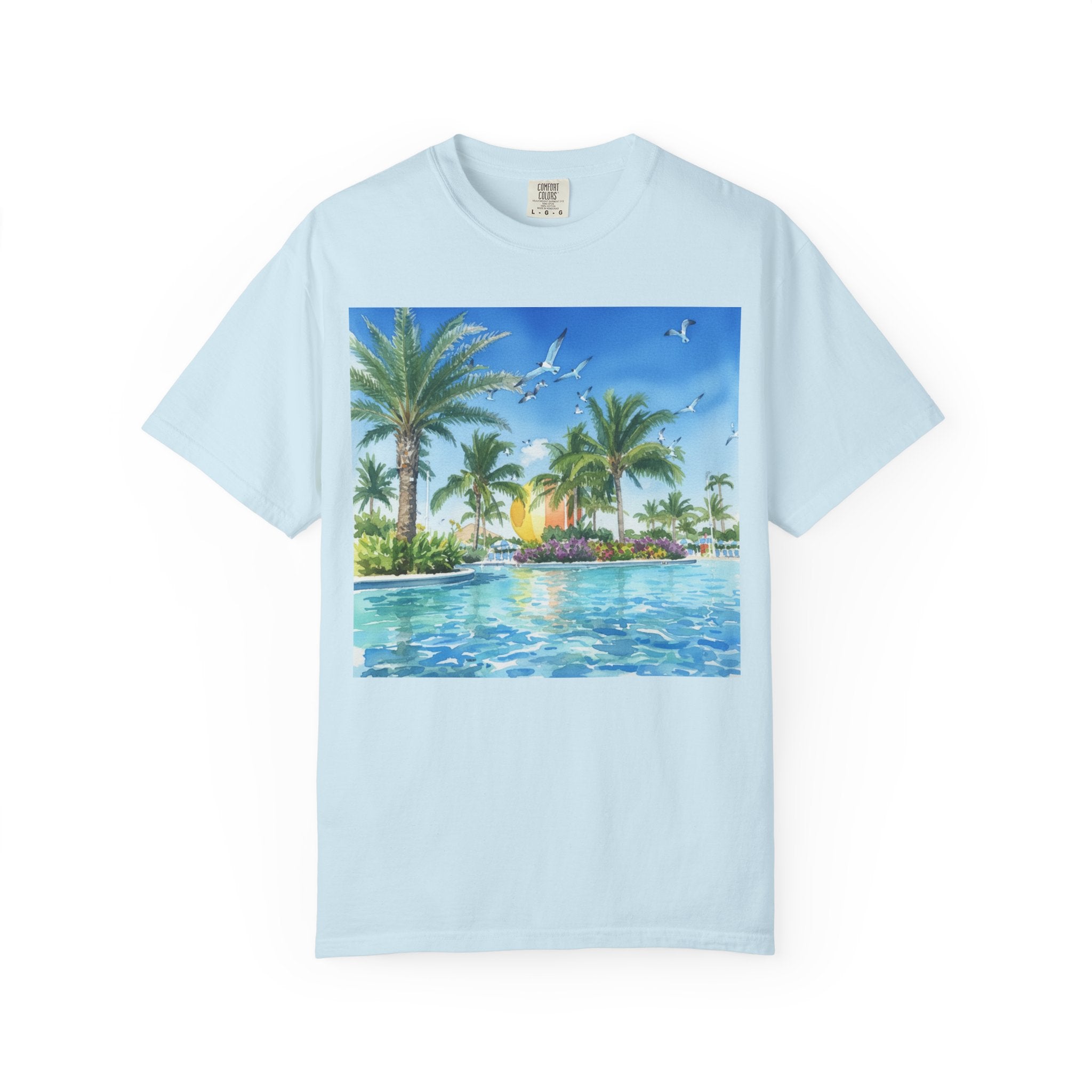 Tropical Poolside T-Shirt — Palm Trees & Sunset Swim Graphic Tee
