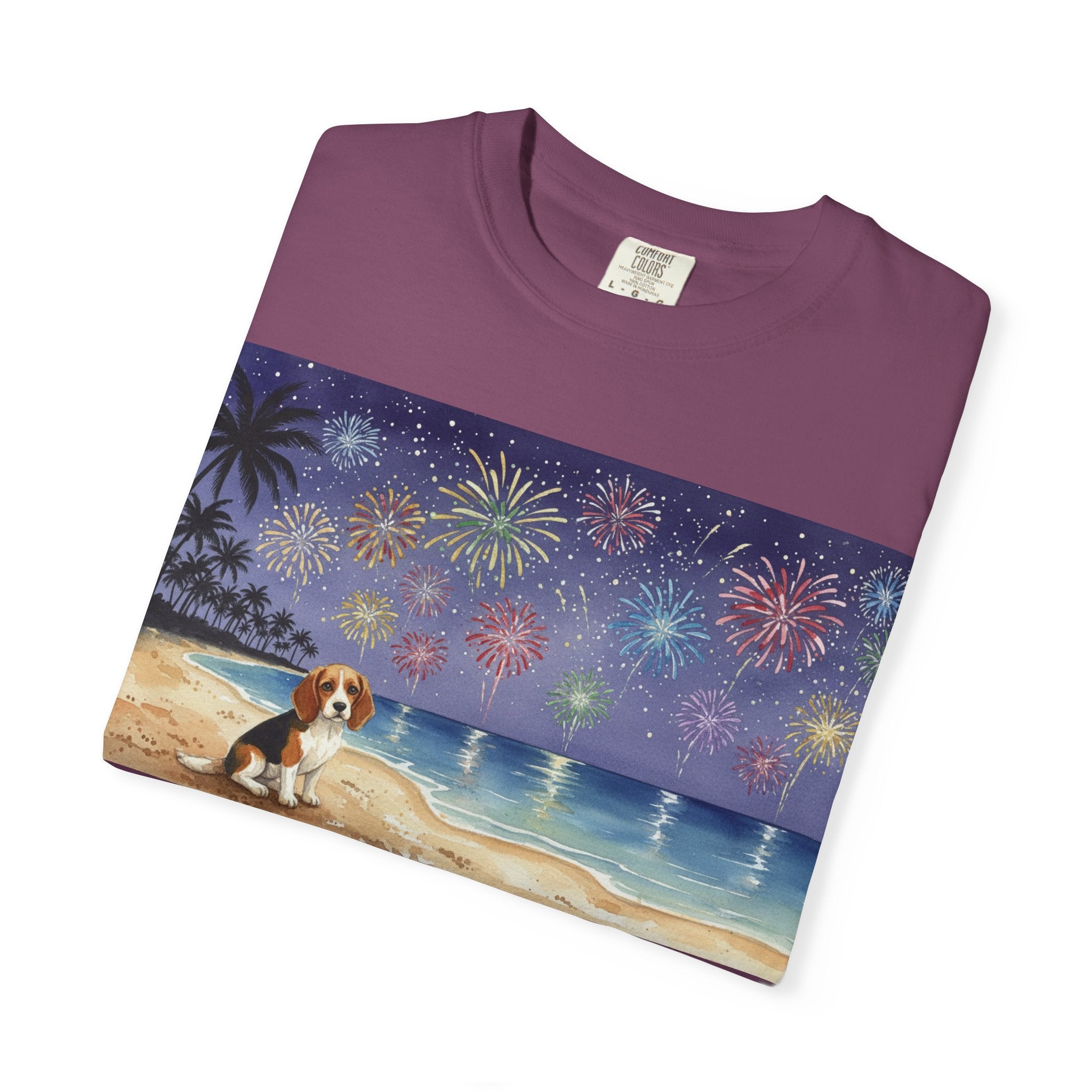 Beach Night Fireworks T‑Shirt with Dog Scene — Summer Holiday Tee