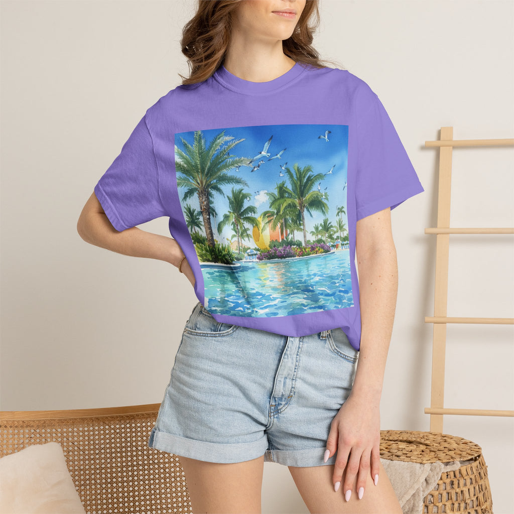 Tropical Poolside T-Shirt — Palm Trees & Sunset Swim Graphic Tee