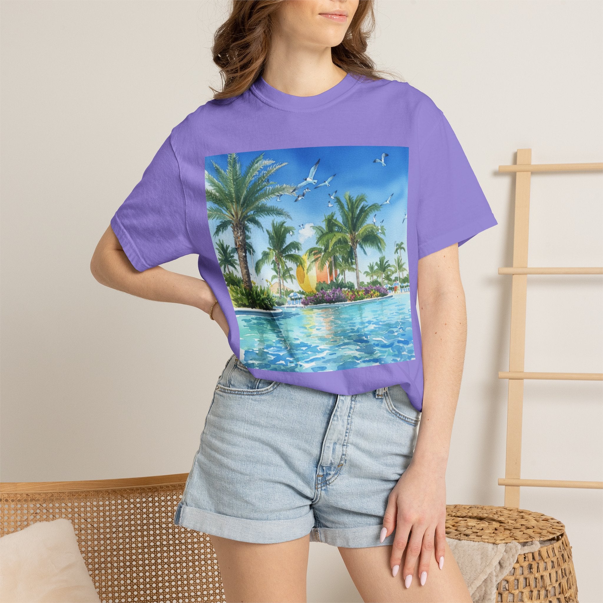 Tropical Poolside T-Shirt — Palm Trees & Sunset Swim Graphic Tee