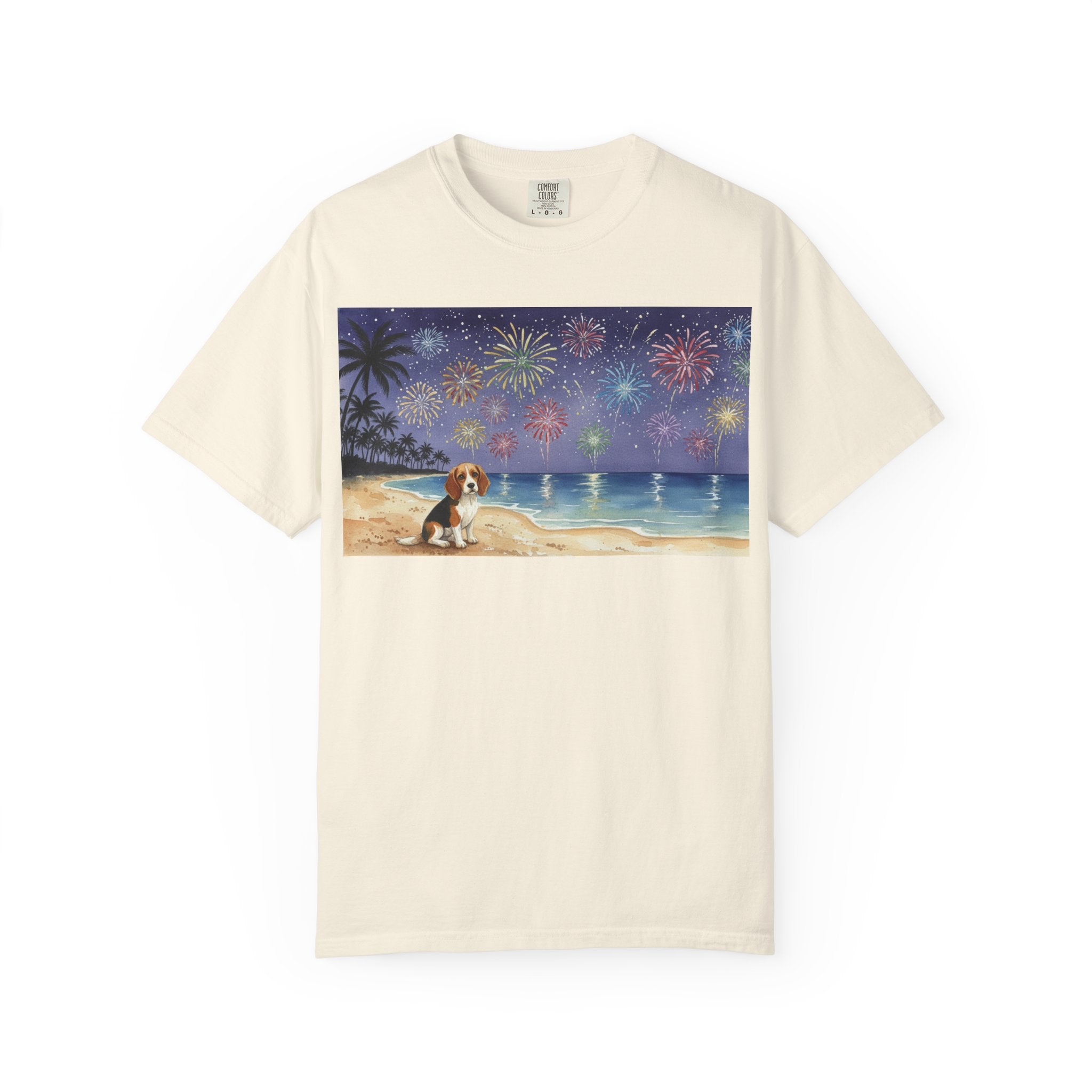 Beach Night Fireworks T‑Shirt with Dog Scene — Summer Holiday Tee