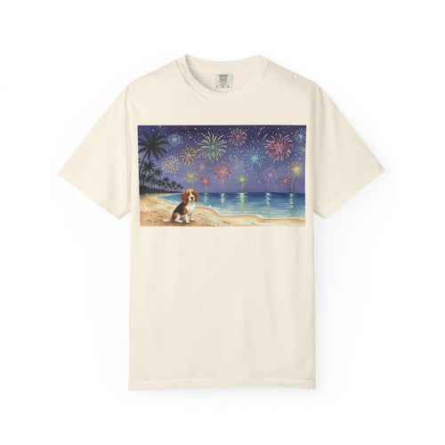 Beach Night Fireworks T‑Shirt with Dog Scene — Summer Holiday Tee